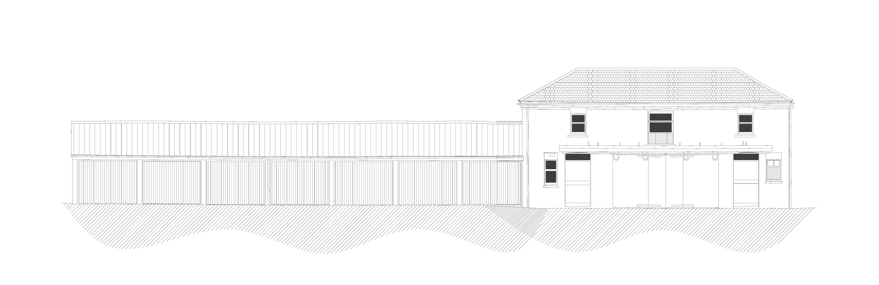 Existing front elevation of the whole range at Burghley Mansions from the measured survey: a run of seven garage doors under a continuous roof at the left, and the two-storey coach house at the right with sliding carriage doors on a full-width timber rail, a central first-floor loft opening, sash windows either side and a hipped tiled roof