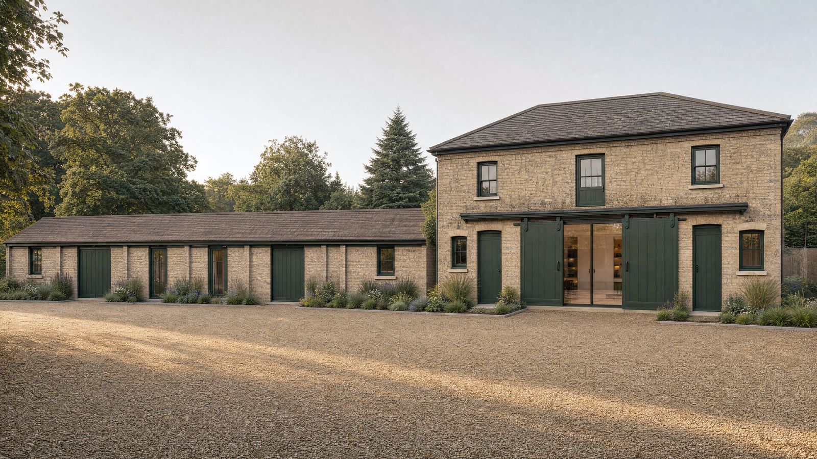 Visualisation of the consented scheme at Burghley Mansions, Peterborough, seen square-on: the two-storey yellow-brick coach house with its green sliding carriage doors retained as shutters to a full-height glazed opening, and the converted single-storey garage range beside it, on a gravel courtyard under a sunny sky