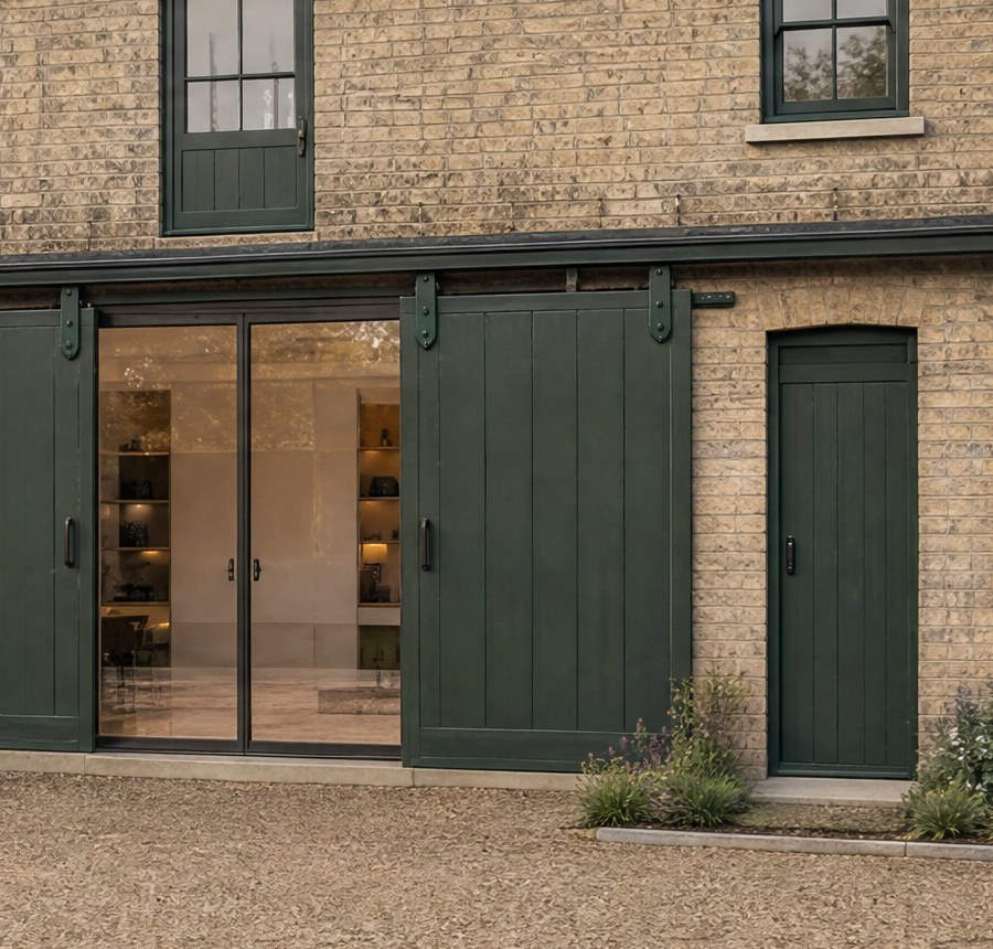 Visualisation of the consented carriage opening at Burghley Mansions: the original green sliding doors held open as shutters on their overhead rail, a full-height glazed screen behind them, a new front door alongside and a low planting band against the gravel