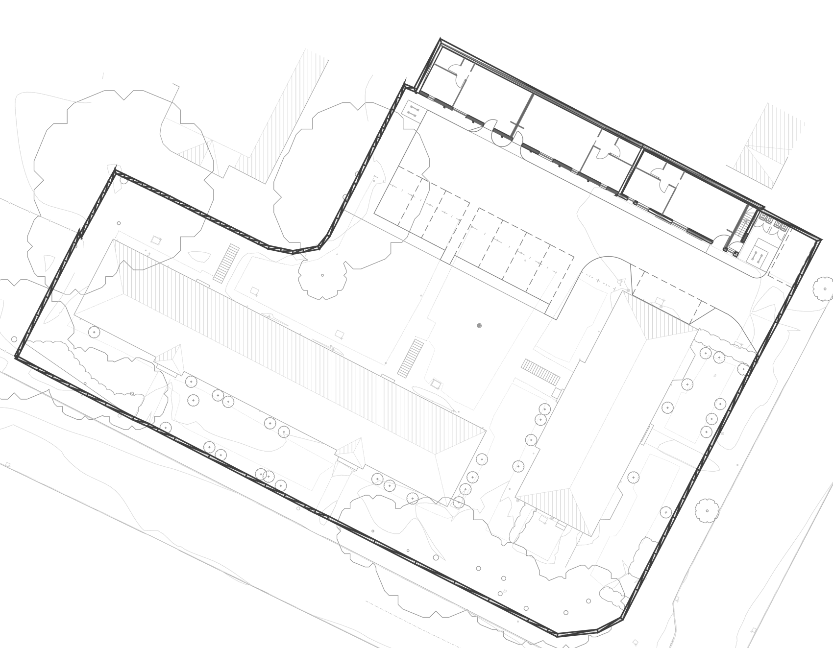 Consented site plan for the Coach House at Burghley Mansions, Peterborough: the site boundary drawn around the mansion block and its courtyard, the coach house and converted garage range along the northern edge, nine numbered parking spaces, a retained mature tree, new planting, and cycle and bin stores