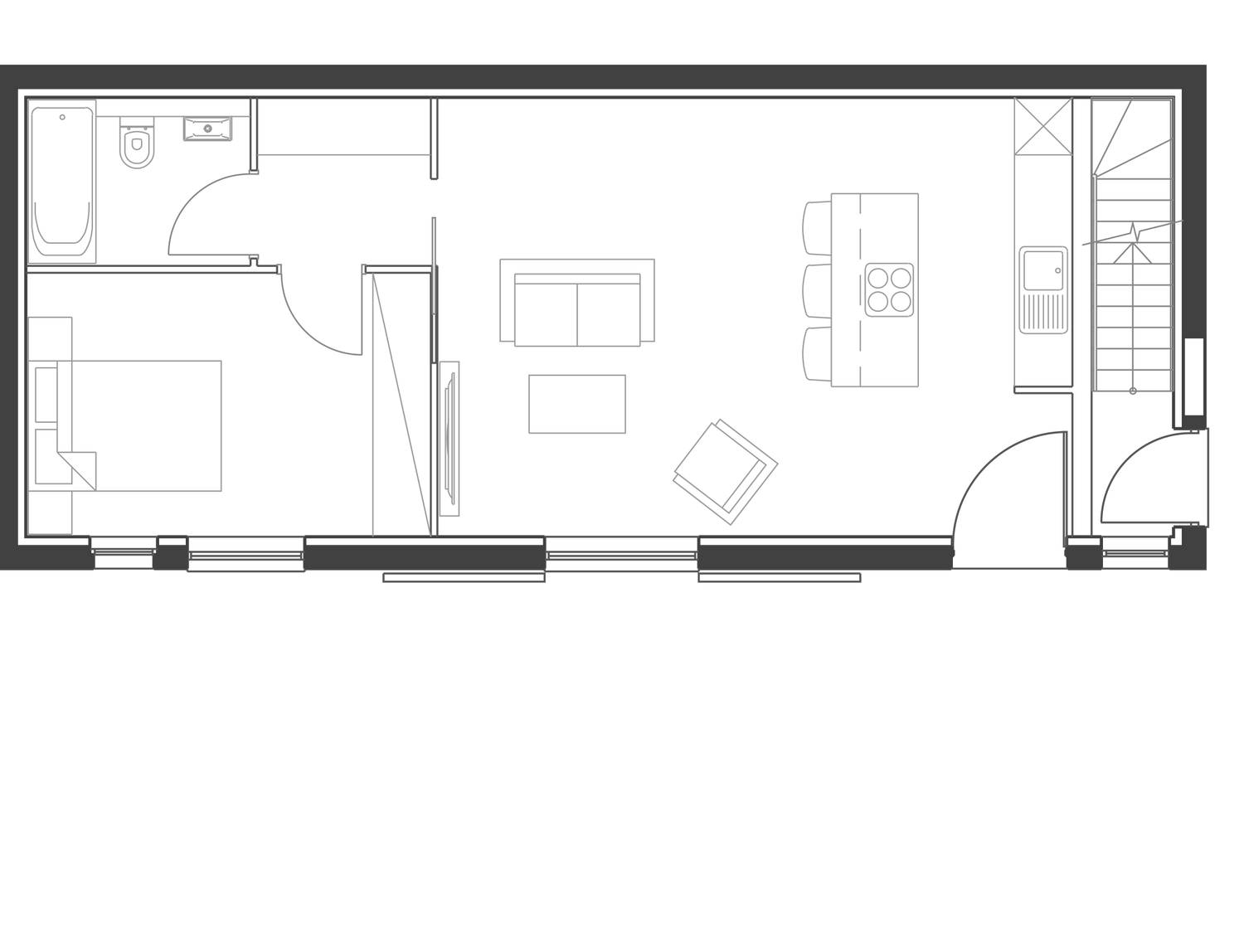 Consented ground floor plan of the coach house apartment at Burghley Mansions: an open-plan kitchen, dining and living space along the front wall, a bedroom and bathroom behind, and the entrance with the shared stair at the east end
