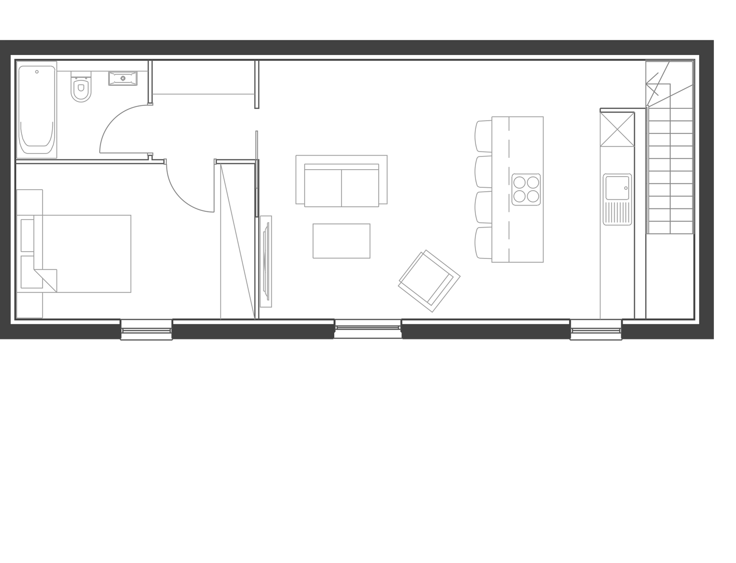 Consented first floor plan of the coach house apartment at Burghley Mansions: an open-plan kitchen and living space along the front wall, a bedroom and bathroom behind, reached by the shared stair at the east end