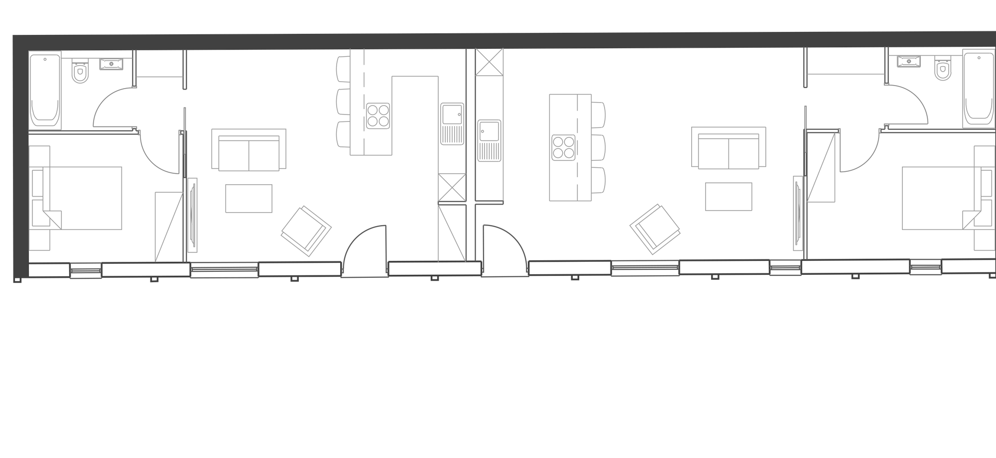 Consented floor plan of the two apartments replacing the garages at Burghley Mansions: two one-bedroom apartments side by side, each with an open-plan kitchen and living space on the front wall, a bedroom and bathroom behind, and its own front door onto the courtyard