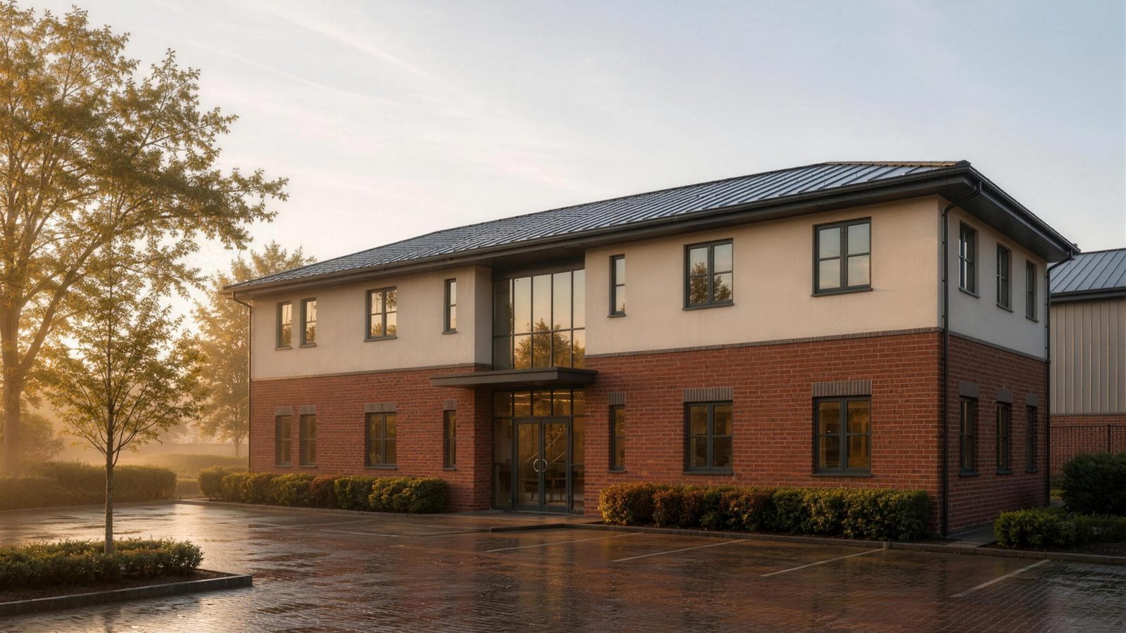 Visualisation of the consented two-storey office at Avonbury Business Park, Bicester: a red brick ground floor beneath a pale rendered first floor, dark grey window frames in a regular rhythm, a shallow hipped roof with a deep shading overhang, and a full-height glazed entrance bay at the centre, seen across block-paved parking