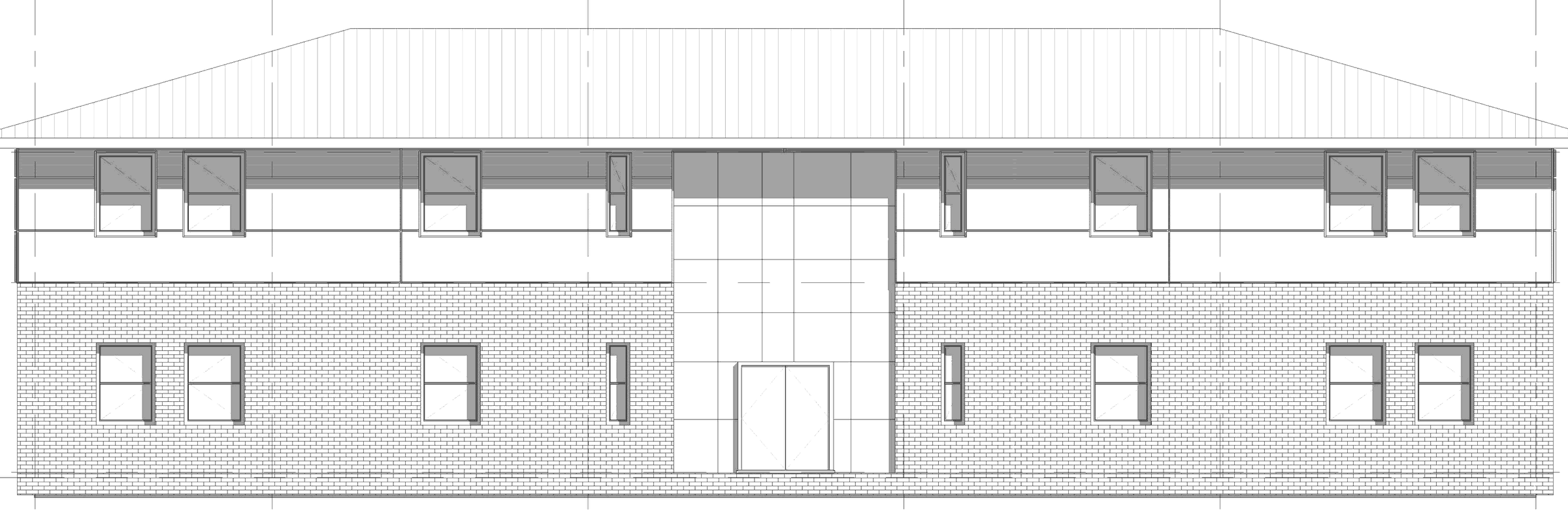 Consented north elevation of the Avonbury office drawn as a fine line drawing: a brick ground floor with coursing shown, a plainer rendered first floor above a dark band, regularly spaced windows across both storeys, a shallow hipped roof with ridge and hip lines and an oversailing eaves, and a full-height glazed entrance bay breaking the centre of the facade