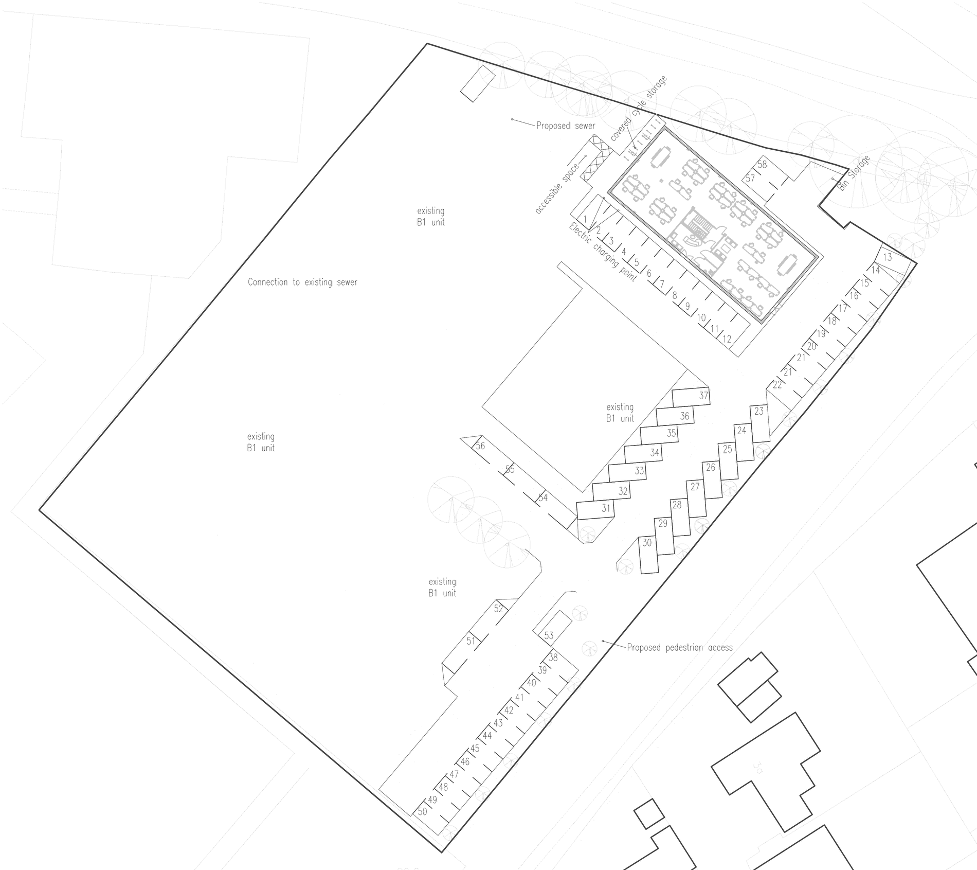 Consented site plan for Avonbury Business Park: the new two-storey office set into the north-east corner of the red site boundary with its internal layout shown, numbered parking bays ranged along the south-east edge, labels marking the existing B1 units, covered cycle storage, an electric charging point, a proposed sewer connection and a proposed pedestrian access