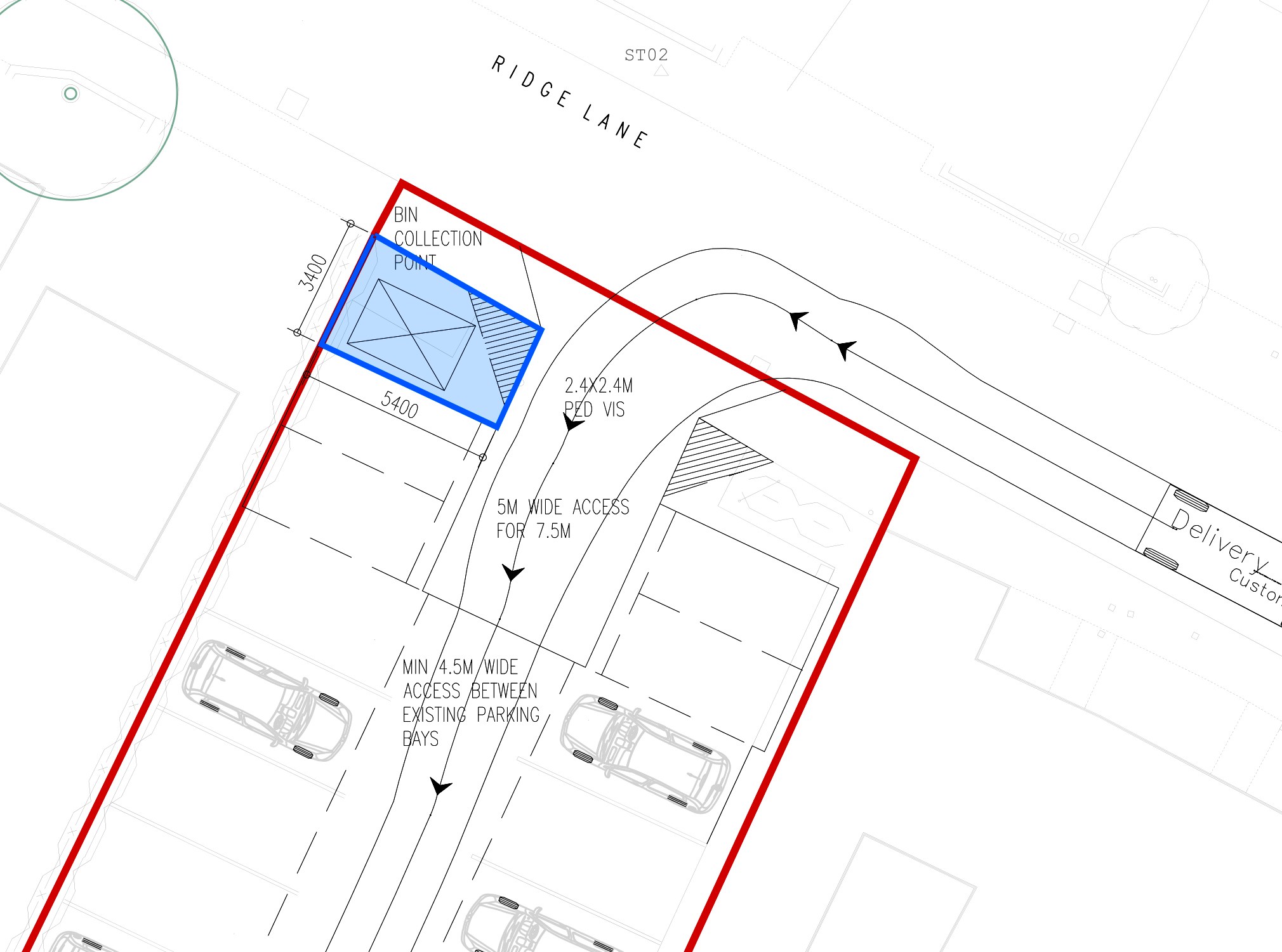 Access detail at the Ridge Lane frontage of the White Hart, Oldbury, annotated on the drawing: a 5 m wide access for a 7.5 m vehicle, a minimum 4.5 m wide access between the existing parking bays, a 2.4 by 2.4 m standard pedestrian visibility splay, and a bin collection point in blue at the road edge, with the tracked delivery van path drawn through