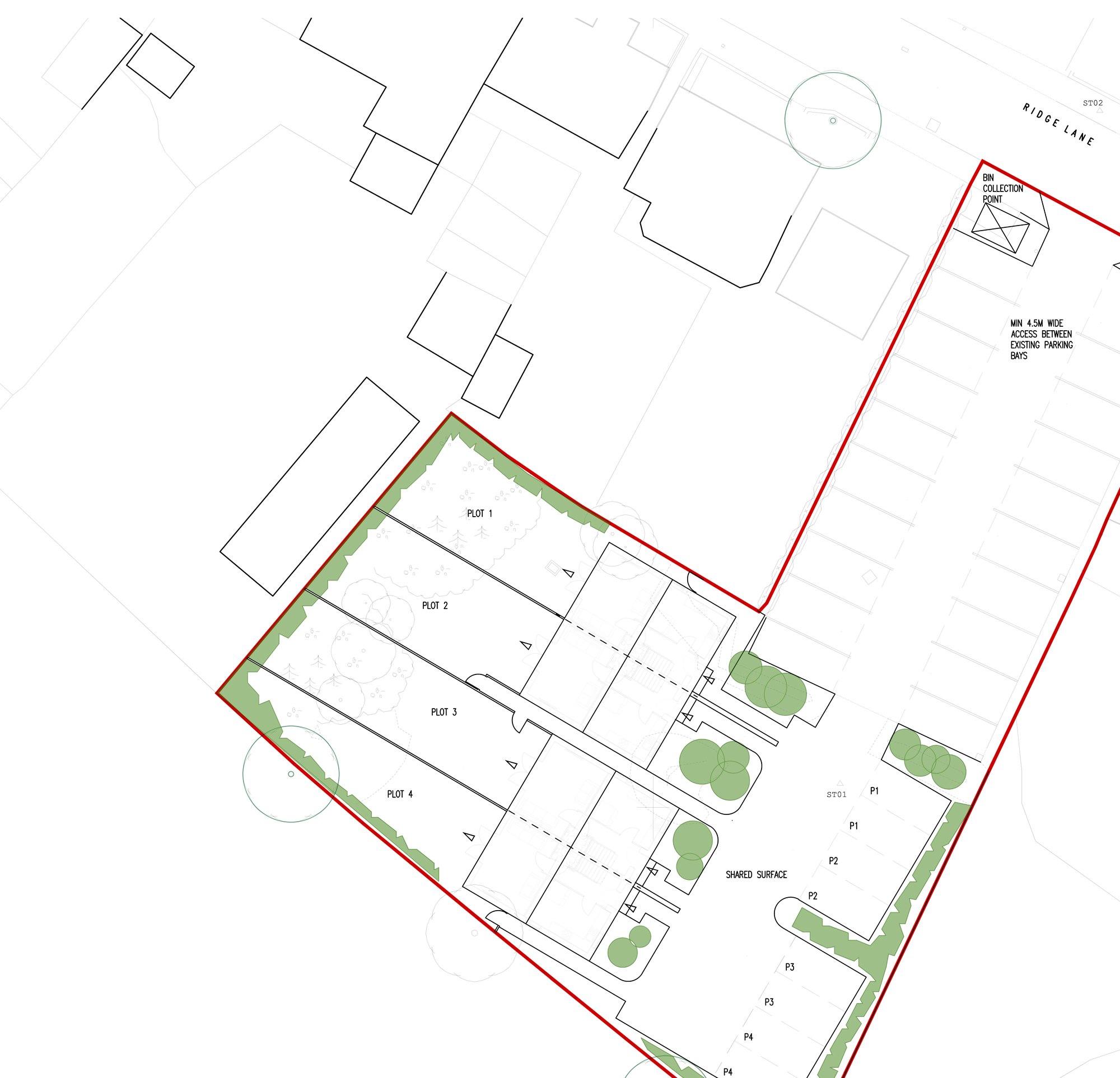 The first issued site plan for the White Hart, Oldbury: four plots labelled Plot 1 to Plot 4 set along the north-west boundary of the red-line parcel, with a shared surface drive and parking, and the access running north-east to Ridge Lane