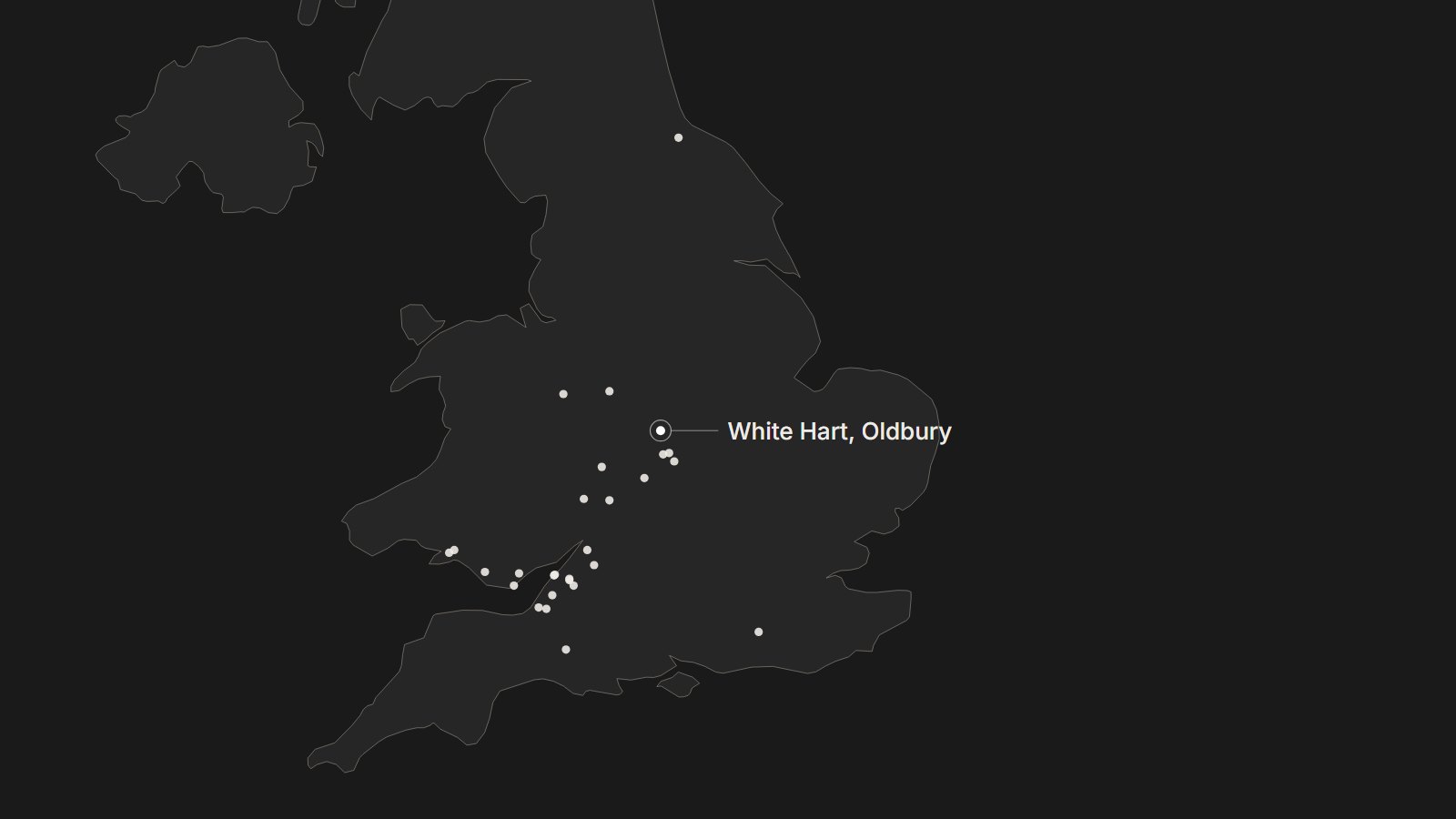 Map of England and Wales plotting the 28 Ei Group and Stonegate pub sites Rickett Architects has been instructed on, from the North East through the Midlands to the South West and South Wales, with the White Hart at Oldbury near Nuneaton marked and labelled