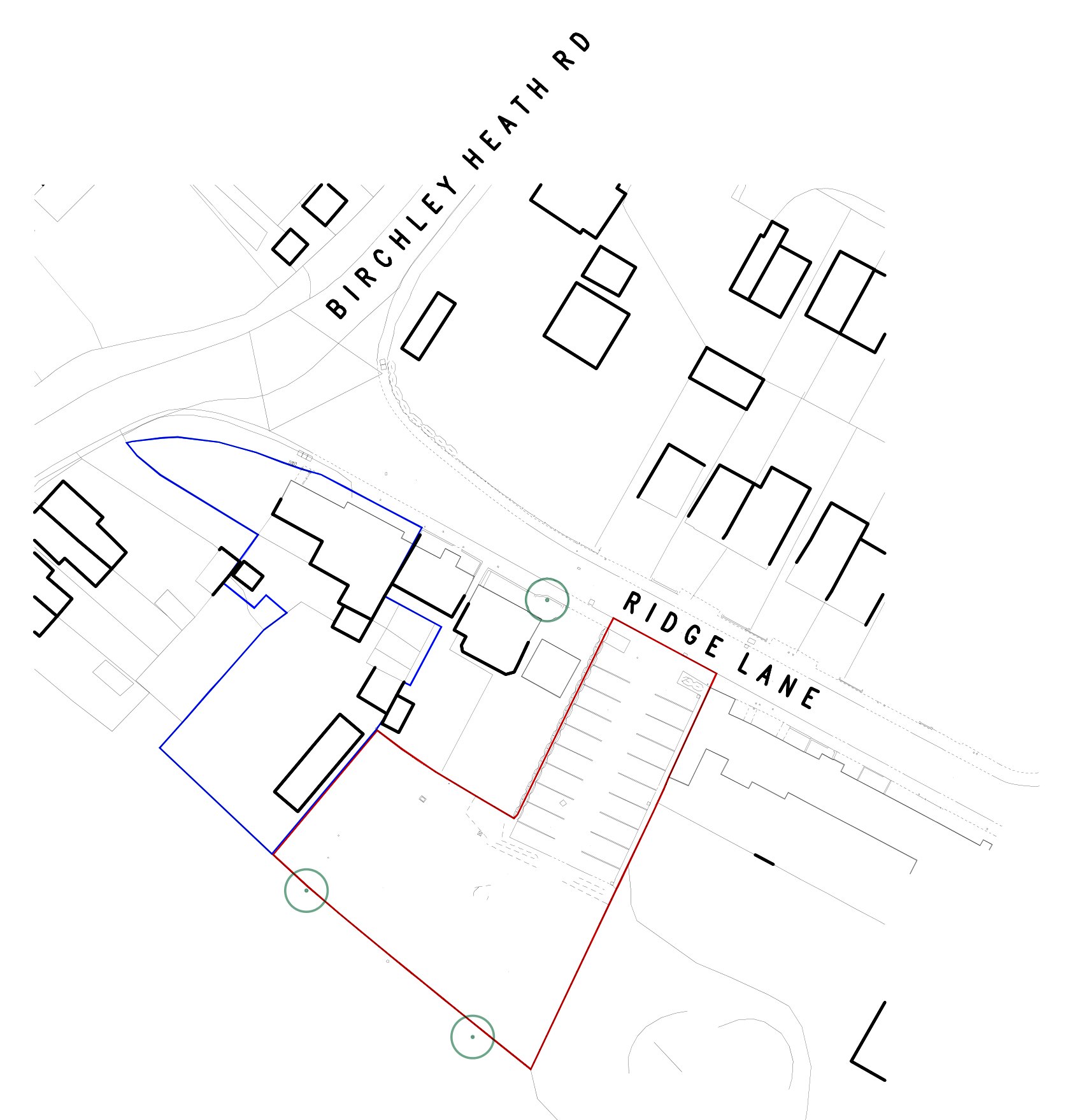 Location plan for the White Hart, Oldbury: the development parcel outlined in red running back from Ridge Lane, the wider ownership outlined in blue around the retained pub, with Birchley Heath Road joining from the north and village houses along both roads