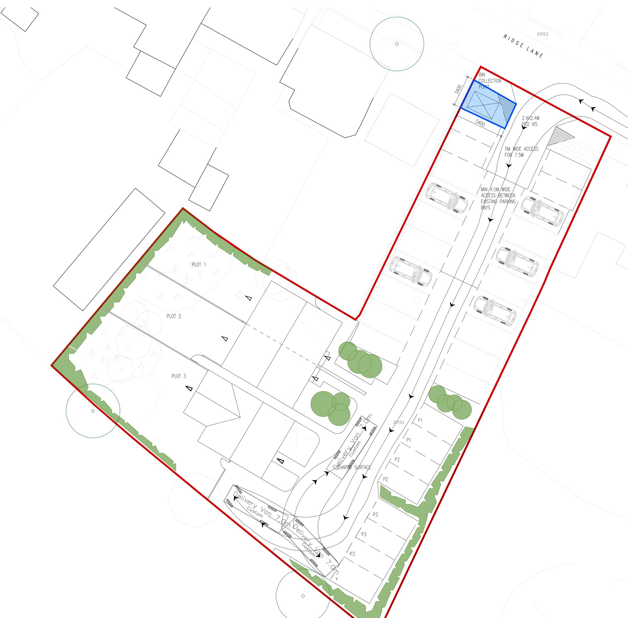 The consented site plan for the White Hart, Oldbury: three plots with parking to each along the north-west boundary of the red-line parcel, boundary planting shown in green, the shared surface drive, the bin collection point highlighted in blue at the Ridge Lane frontage, and the access running between the pub's existing parking bays