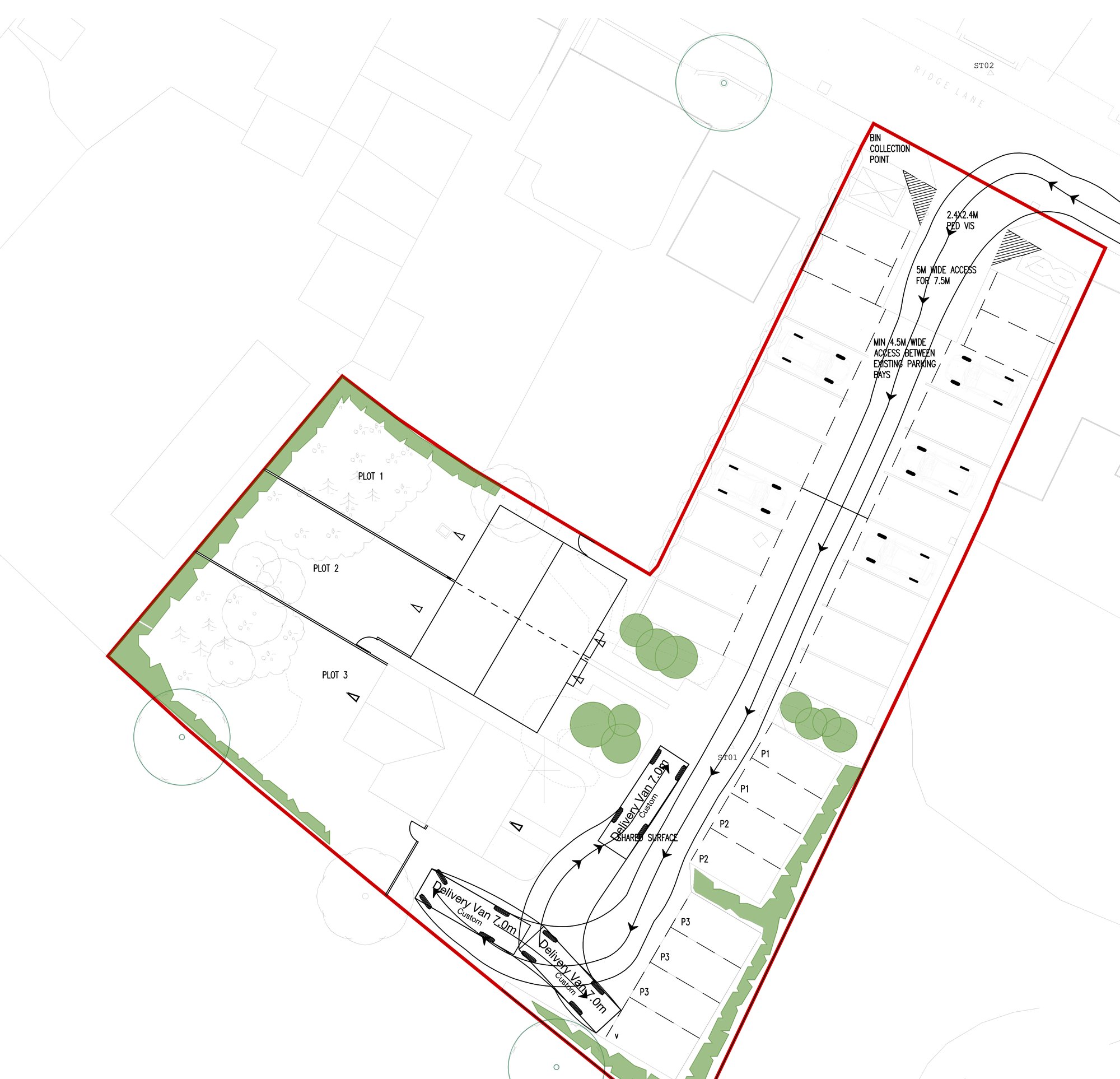 The reworked site plan for the White Hart, Oldbury: three plots along the north-west boundary, with swept-path tracking envelopes for a delivery vehicle drawn through the access off Ridge Lane and around the turning area at the head of the shared drive