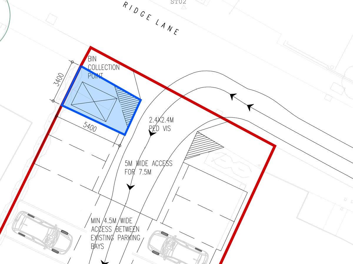 Detail of the White Hart site plan at the Ridge Lane frontage, showing the bin collection point highlighted in blue, the standard visibility splay and the access threading between the pub's existing parking bays