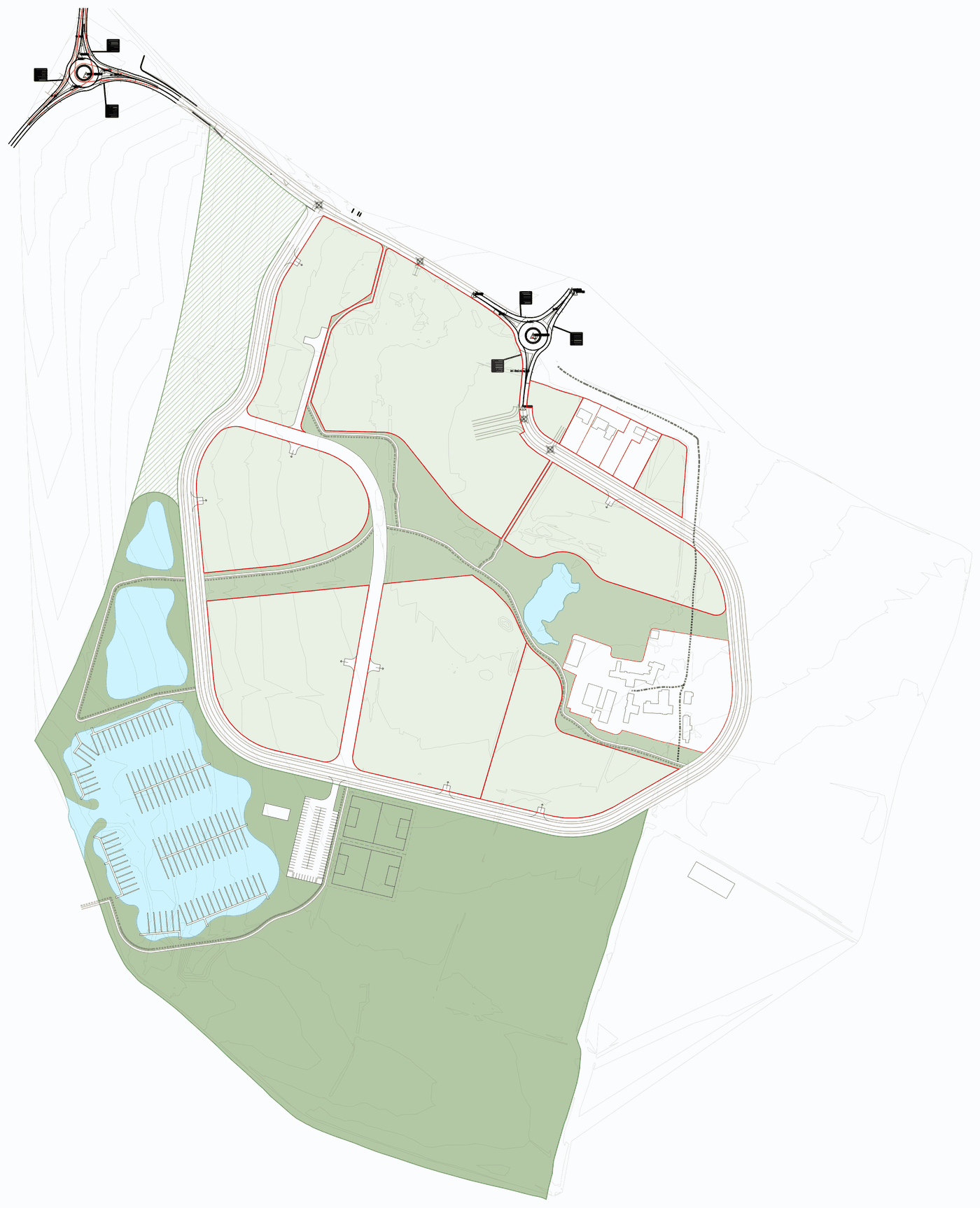 Rickett Architects masterplan for Woods Farm, Shirley: nine development parcels outlined against a green framework of open space and retained hedgerows, with two new three-arm roundabouts on Bills Lane to the north, a biodiversity corridor running east to south, a canal-side marina with moorings, sustainable drainage ponds and junior sports pitches carrying the landscape down to the Stratford-upon-Avon Canal