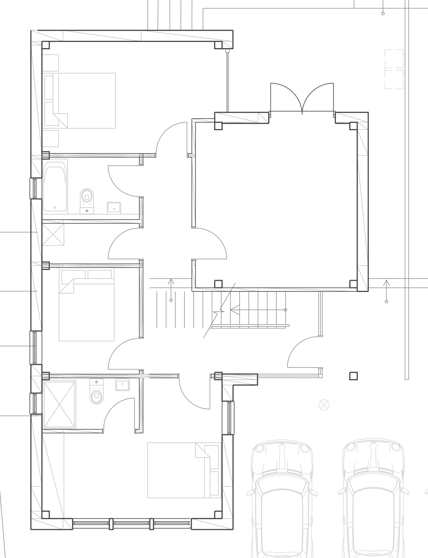 Consented ground floor plan of the new house at The Woods: a master bedroom, second bedroom and third bedroom with en-suite and bathroom along one side, a storage and utility room, a workshop off the entrance hall with the stair beside it, and three parking spaces drawn in front