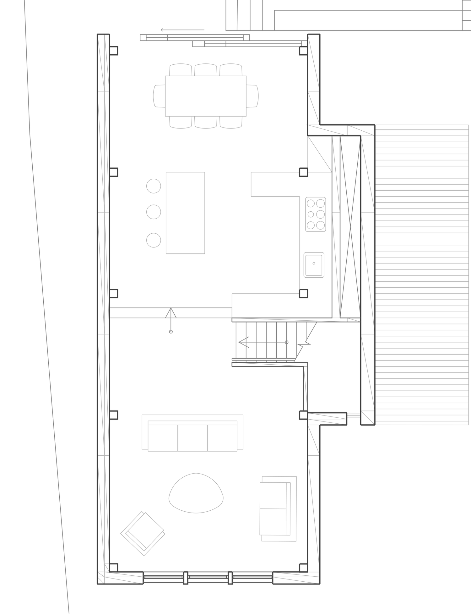 Consented first floor plan of the new house at The Woods: a single open-plan space holding the kitchen, a dining table and the living area, with the stair arriving at its centre, full-height glazing to the south gable and a door out to the garden at that level