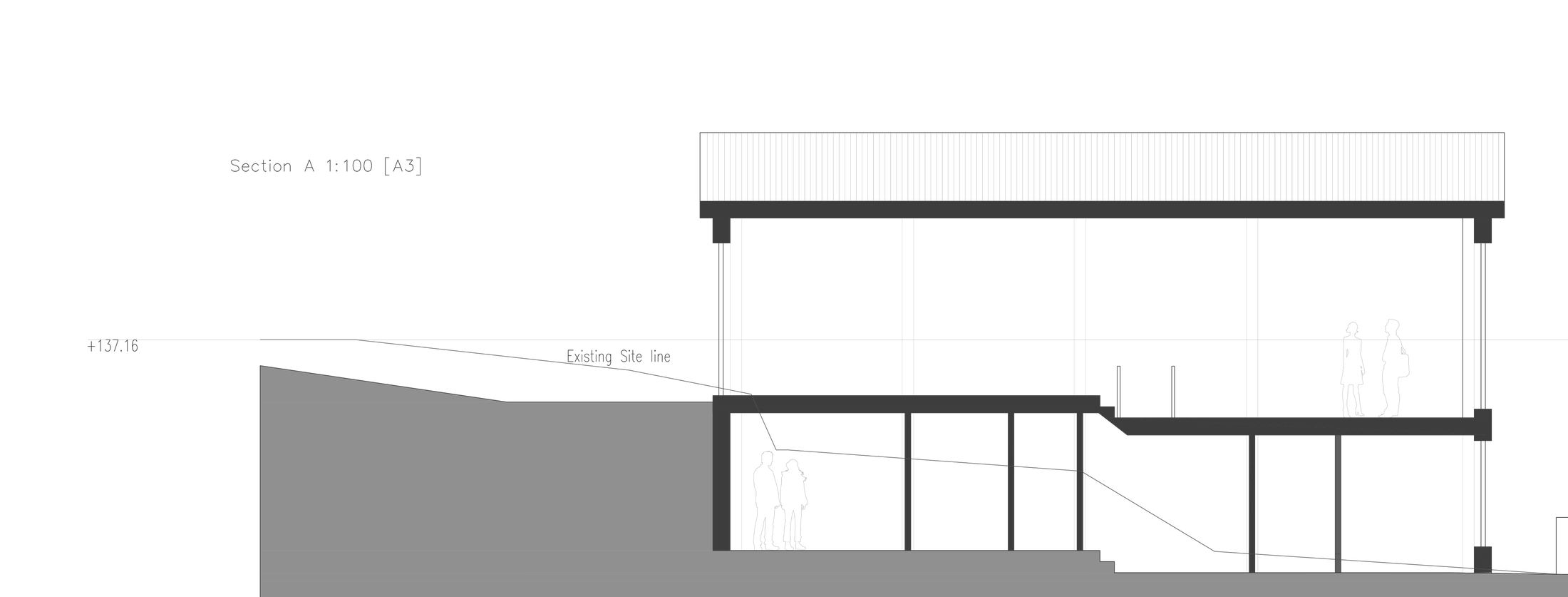 Proposed site section through the house at The Woods, Napton-on-the-Hill: the ground cut away as a solid tone at the left, the ground-floor bedrooms set into the bank behind full-height glazing, the first-floor living space raised above under a broad roof, and the original site line drawn across the section as a fine line