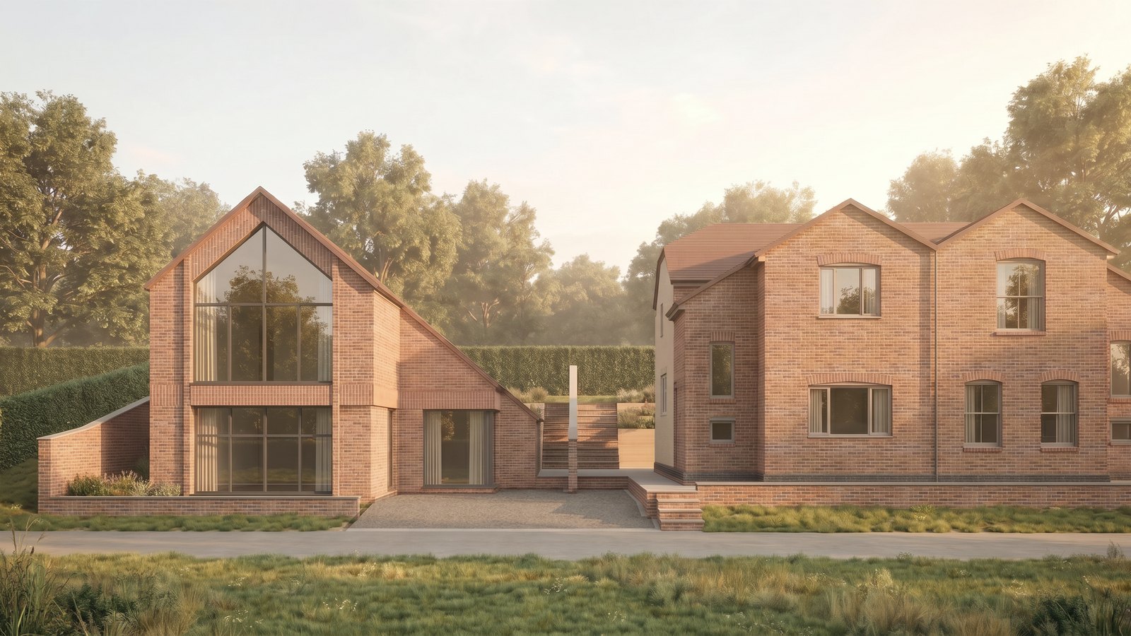 The consented house at The Woods, Napton-on-the-Hill: a red brick house with a steeply pitched gable and a full-height glazed gable window, a lower entrance link under a catslide roof, standing beside the existing brick cottage pair on Vicarage Road
