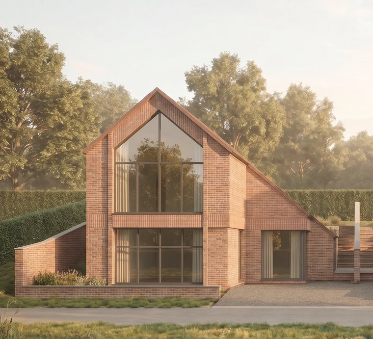 The glazed gable of the consented house at The Woods, Napton-on-the-Hill, in red brick with a full-height gable window under a steep pitched roof. A visualisation of the consented scheme.