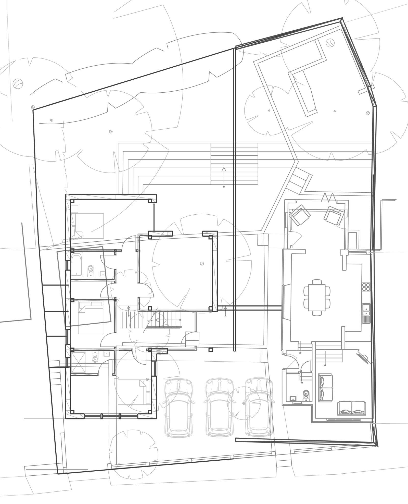 Consented site plan for The Woods, Napton-on-the-Hill: a wedge-shaped plot fronting Vicarage Road with the new house drawn on its western side, three parking spaces in front, the retained existing cottage to the east, the site boundary drawn as a heavy line and mature tree canopies along the edges