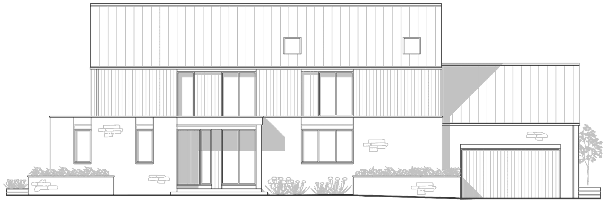 Proposed elevation of the larger house at Timbercombe Lane: a two-storey block with a stone ground floor and vertical timber boarding to the first floor, tall glazed openings at ground level, a lower single-storey wing to the left and an integral garage under a separate roof to the right