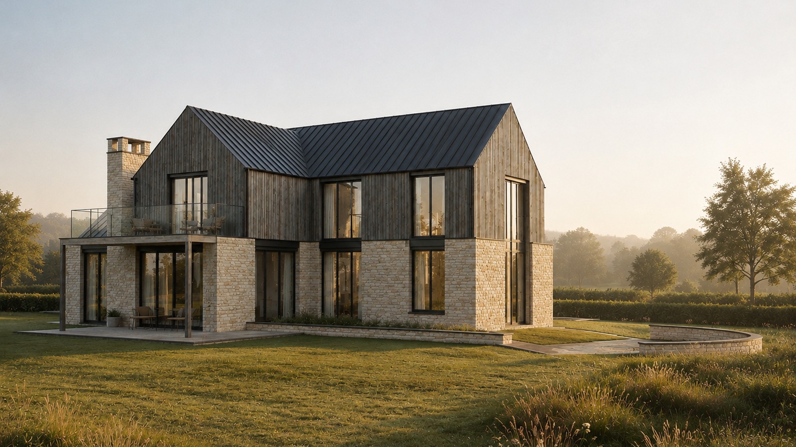 A proposed house at Timbercombe Lane, Charlton Kings: two storeys in coursed Cotswold stone with weathered vertical timber cladding above, under a dark standing-seam roof, with a first-floor terrace behind a glass balustrade, a stone chimney and full-height glazing, standing in rough meadow grass at the field edge
