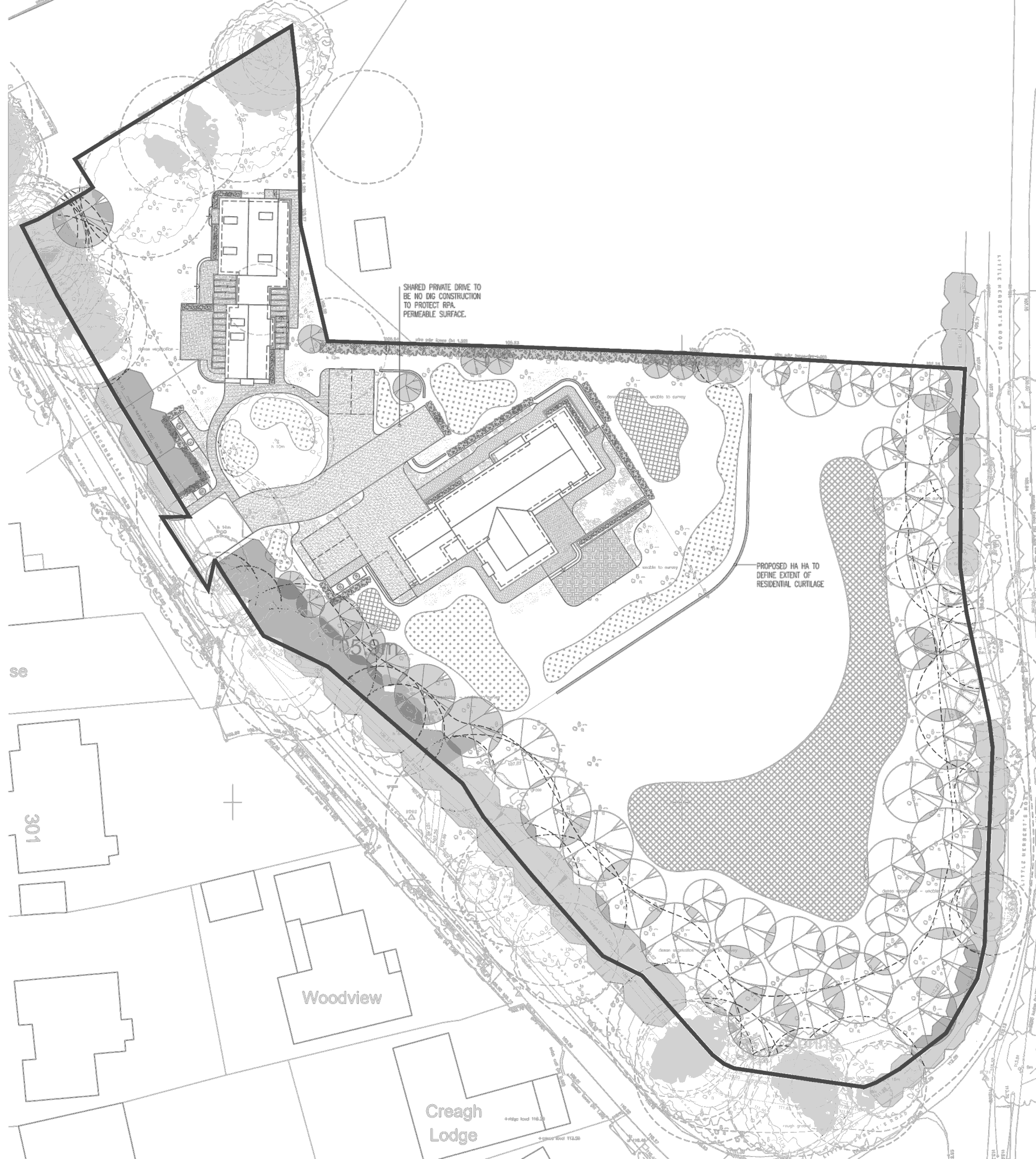 Proposed site plan for Timbercombe Lane, Charlton Kings, revision E: a wedge-shaped site with its boundary drawn as a heavy line, two houses set in the northern corner served by a shared private drive off Timbercombe Lane, a ha-ha marking the extent of residential curtilage, dense retained tree canopies along the western and southern boundaries and the southern half of the site left open as meadow and species-rich grassland