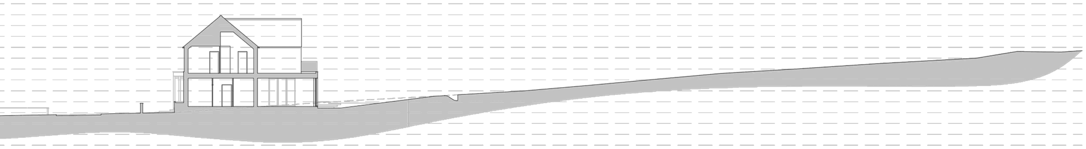 Proposed site section through Timbercombe Lane, Charlton Kings: the existing ground drawn as a solid tone falling to the north, the house set into the low end of the slope with the land rising away behind it, and level datum lines marked from 103 metres to 116 metres