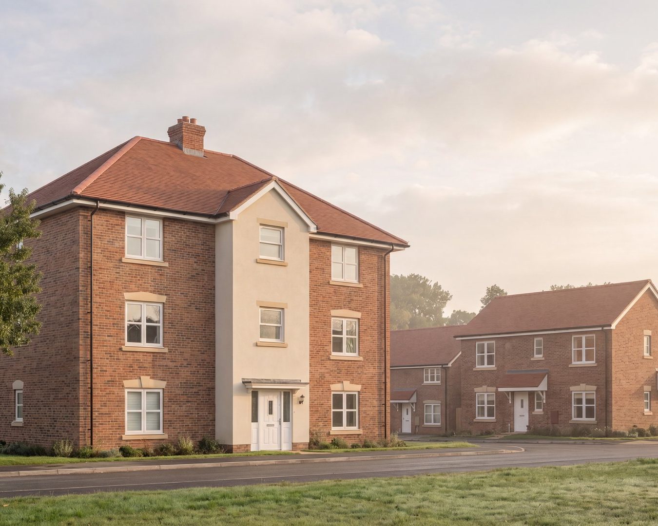 Indicative visualisation of the consented scheme at Broomhall, Worcester: a three-storey brick apartment building and brick houses in soft morning light.