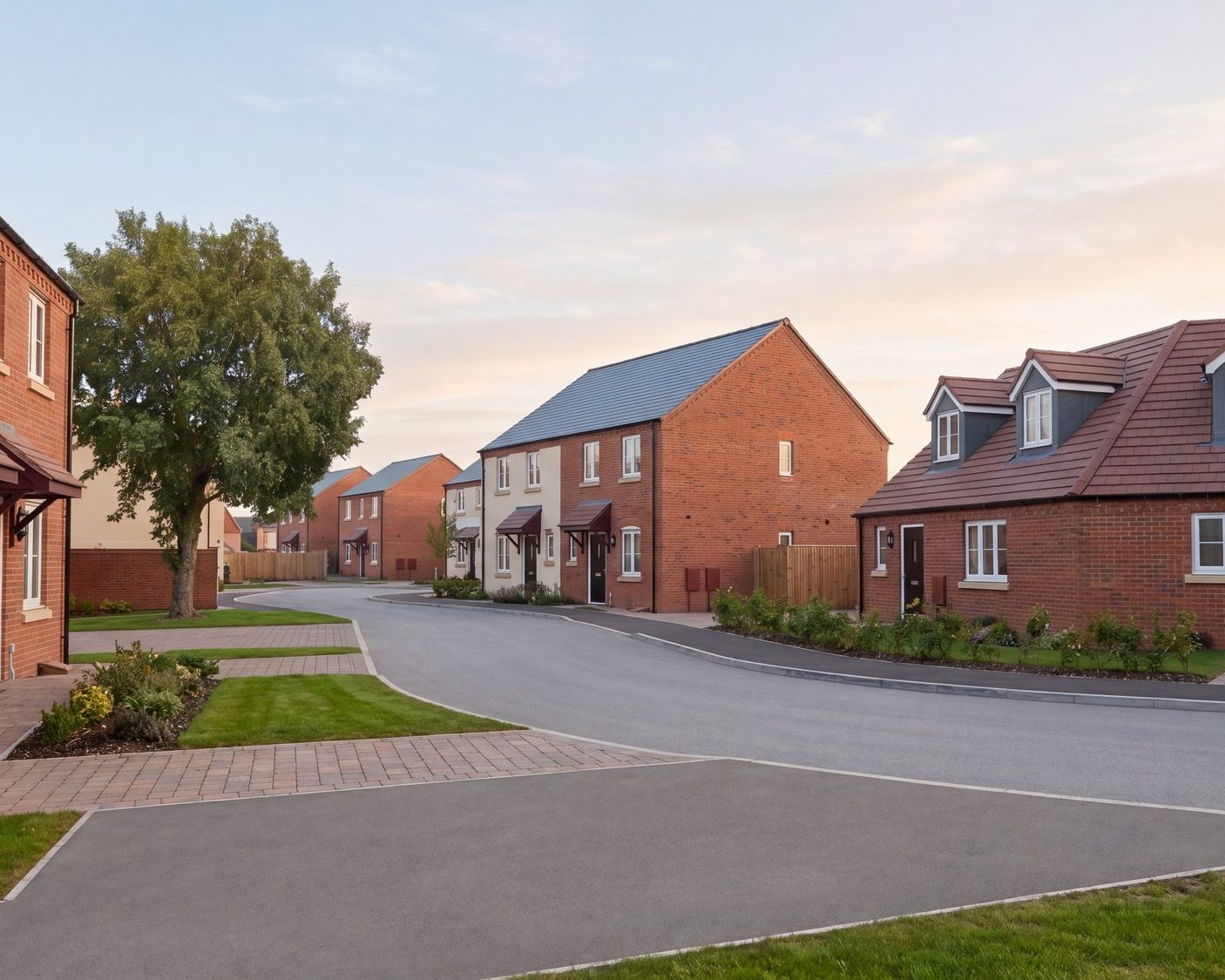 Visualisation of the consented street at Laundry Lane, Leominster: red-brick houses and a dormer bungalow around a curving estate road at dusk.