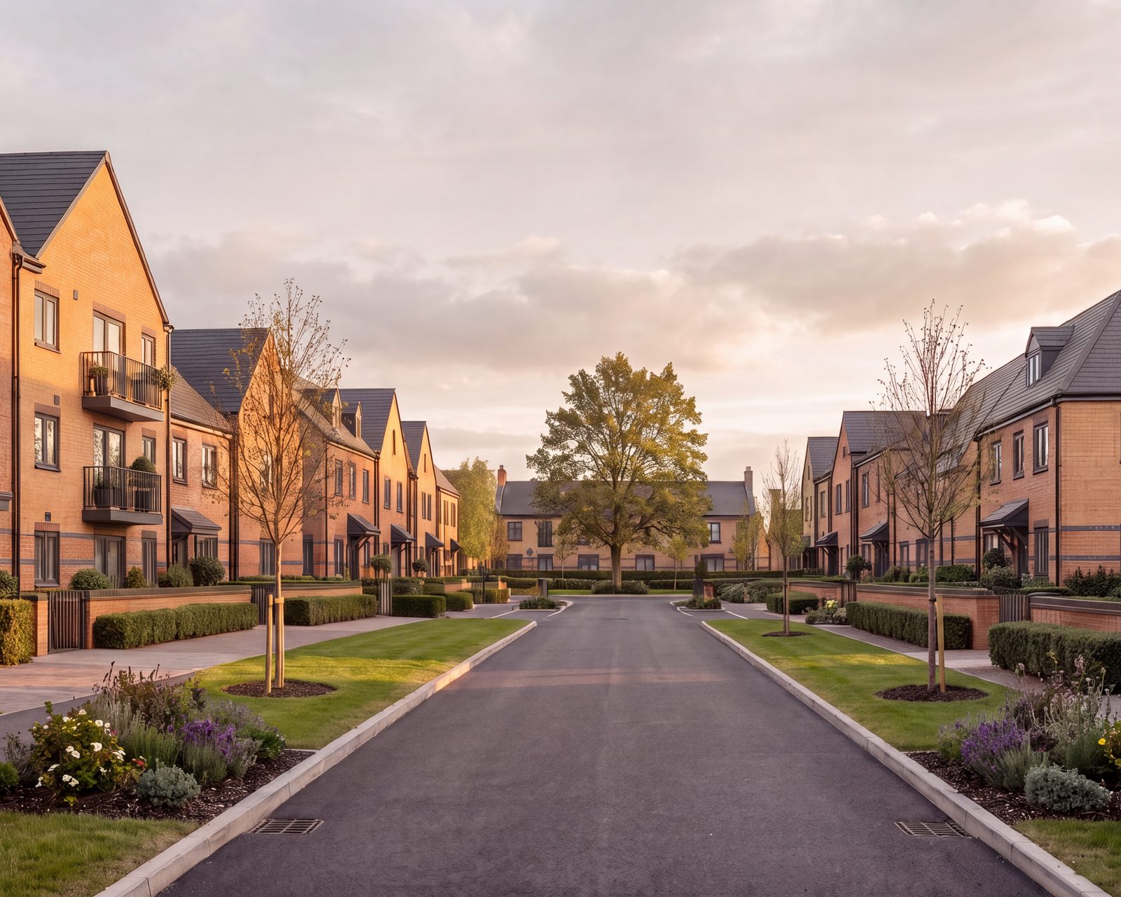 Visualisation of the consented scheme at Land Parcel R4B, Glenvale Park, Wellingborough: the street through the parcel looking toward the tree at the square, brick houses to both sides.