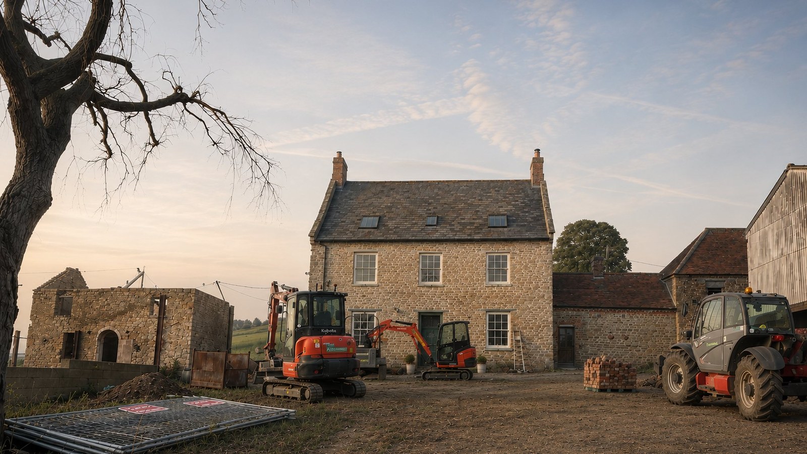 Enhanced photograph of Barby Wood Farmhouse near Daventry with the works under way in 2026, the original sky replaced: a Grade II listed late-Georgian ironstone farmhouse and its attached outbuildings.