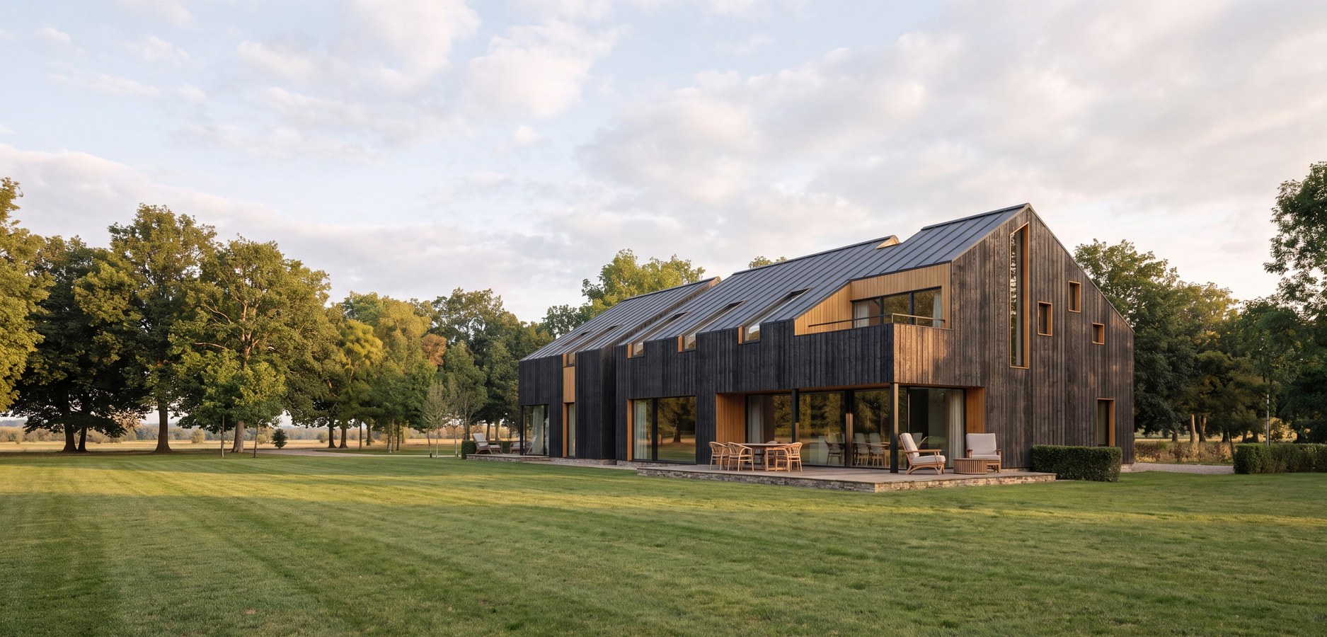 Visualisation of the converted Green Gate Barns, Earlswood, seen from the garden: a steel-framed agricultural barn clad in dark vertical timber under a standing-seam roof, with full-height glazing and a terrace to the rear.