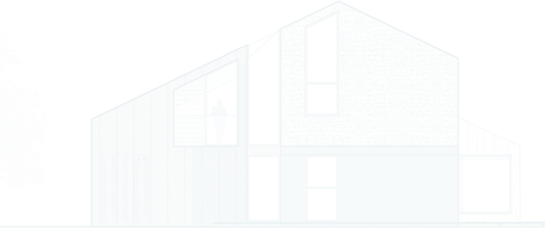 East elevation of Hazell House, Princethorpe, drawn by Rickett Architects: a two-storey gable in coursed natural stone against lower wings in vertical timber cladding, under standing-seam metal roofs.