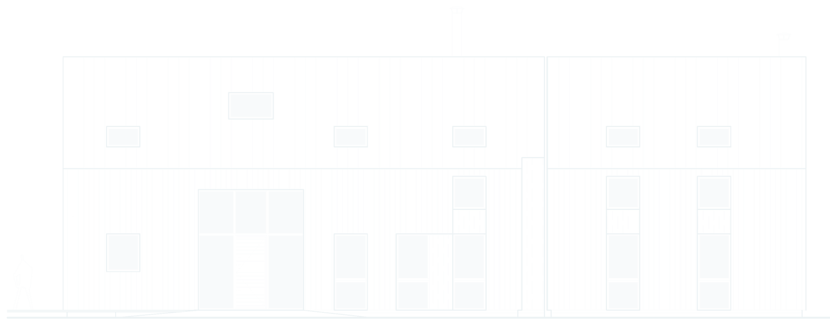 Consented front elevation of Green Gate Barns, Earlswood, drawn by Rickett Architects: a long agricultural barn in vertical board-and-batten cladding with restrained openings and two entrances under a single ridge.