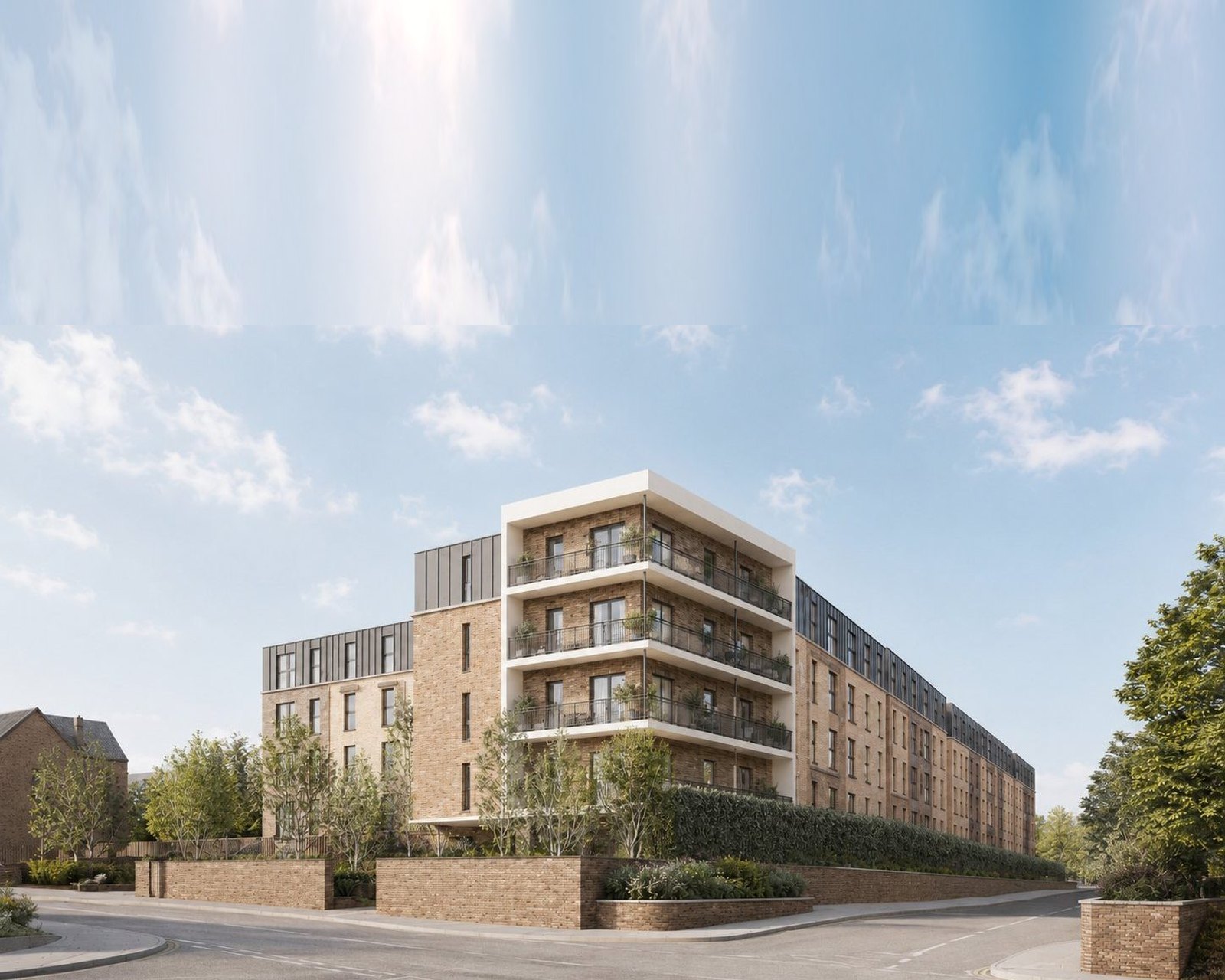 Visualisation of the consented scheme at Newbold Road, Rugby: the buff brick apartment building on the gateway corner, balconies wrapping the corner beneath a zinc top storey.