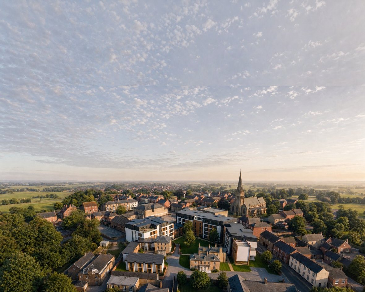Visualisation of the consented extra care community at Caldecott Square, Rugby, seen from the air: new apartment blocks and two storey mews set around a retained listed house, with the parish church and the town beyond. The sky above the roofline is extended.