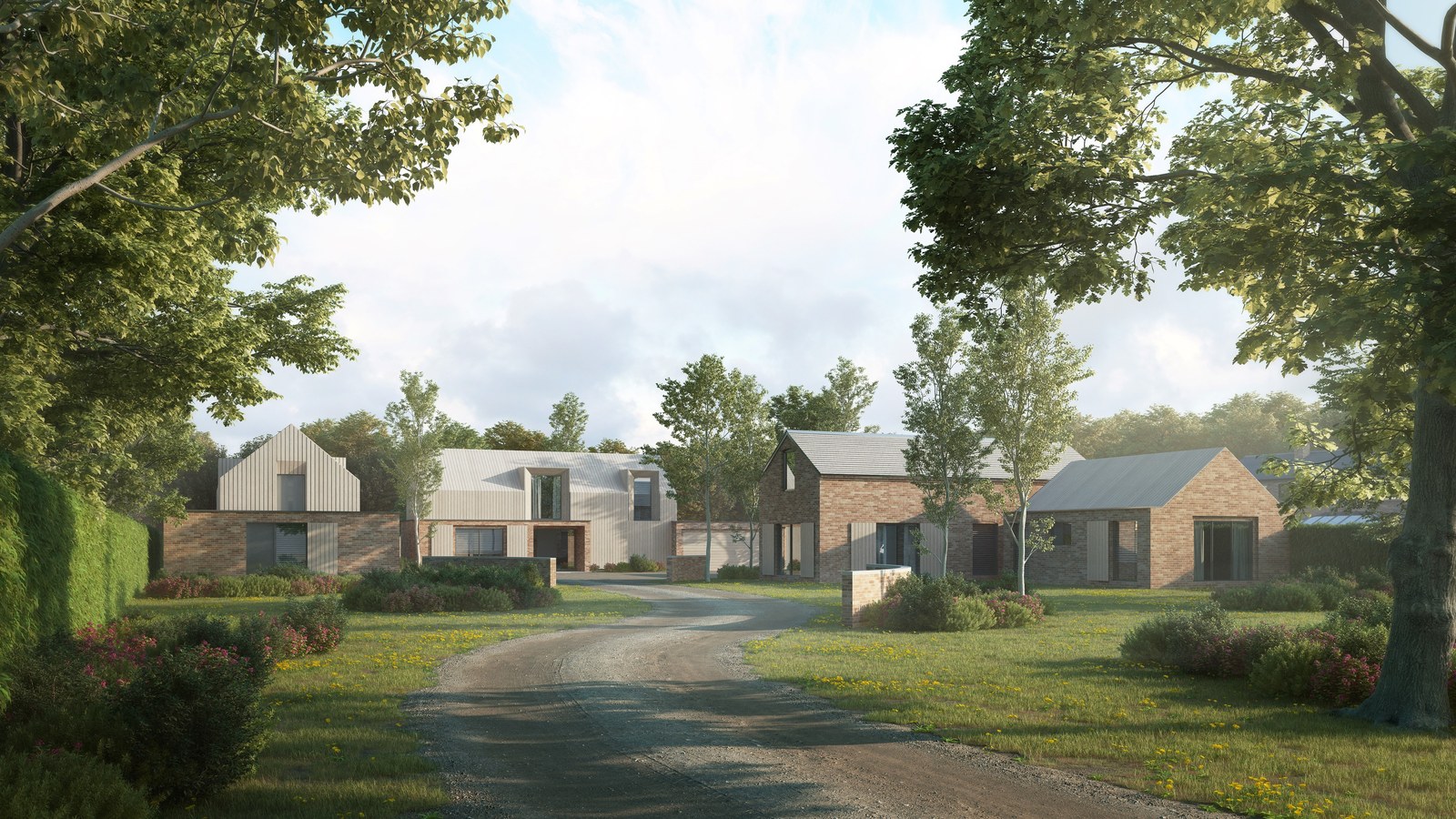 Visualisation of the consented scheme at Brooklands Farm, Southam: the retained brick barn converted, with two new houses around a shared courtyard.