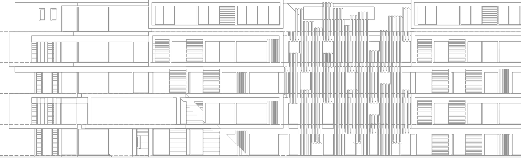 Rickett Architects courtyard elevation of a new apartment block at Caldecott Square: five storeys of recessed glazing and balconies set behind groups of vertical screening slats, with horizontal louvred panels between the openings and a taller run of full height vertical screening over the circulation core