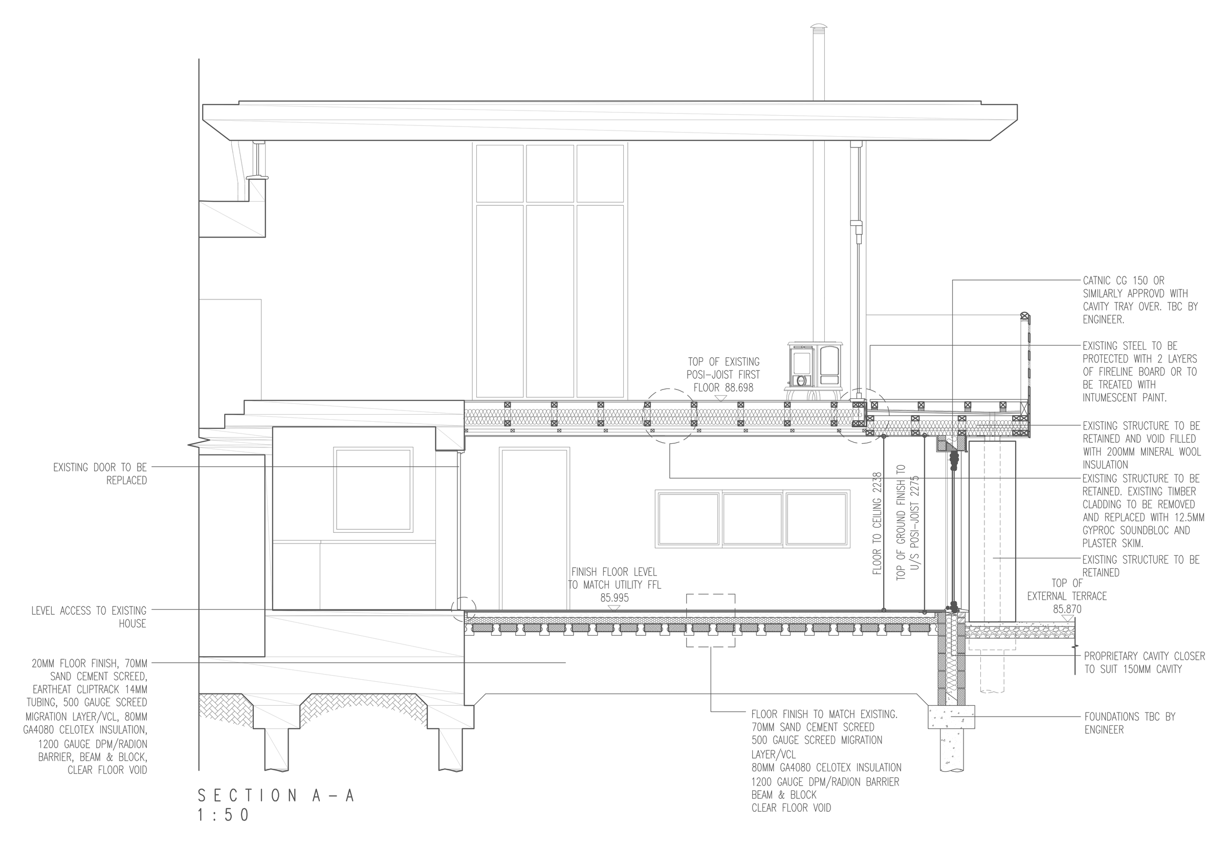 Technical section through the new project room at Weedon: the existing first floor and its balcony drawn above, the new enclosing wall set directly beneath the existing structure, the void over it noted to be filled with 200mm mineral wool insulation, a beam and block floor below, and the finished floor level set to match the adjoining utility room