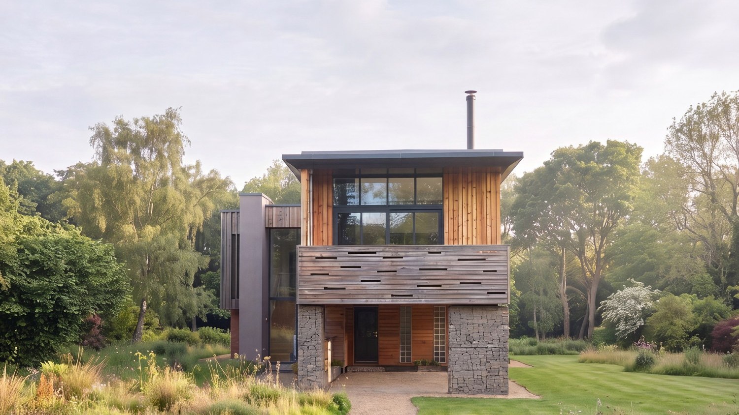 Computer-enhanced image of a private house at Weedon, Northamptonshire: a two-storey timber-clad house on a dry-stone plinth, its upper floor cantilevered forward over a recessed ground floor, standing in a wild garden