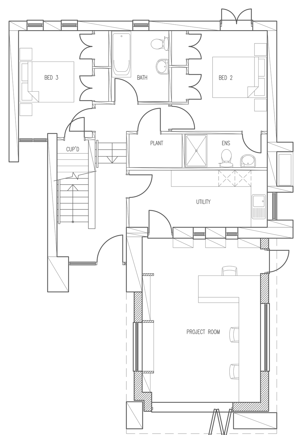 Ground floor plan at Weedon: the existing bedrooms, bathroom, plant room and utility to the top of the plan, and below them the new project room drawn with hatched new walls, two large desks, a window seat between shelving units on the left wall, and bi-fold doors opening to the garden at the foot