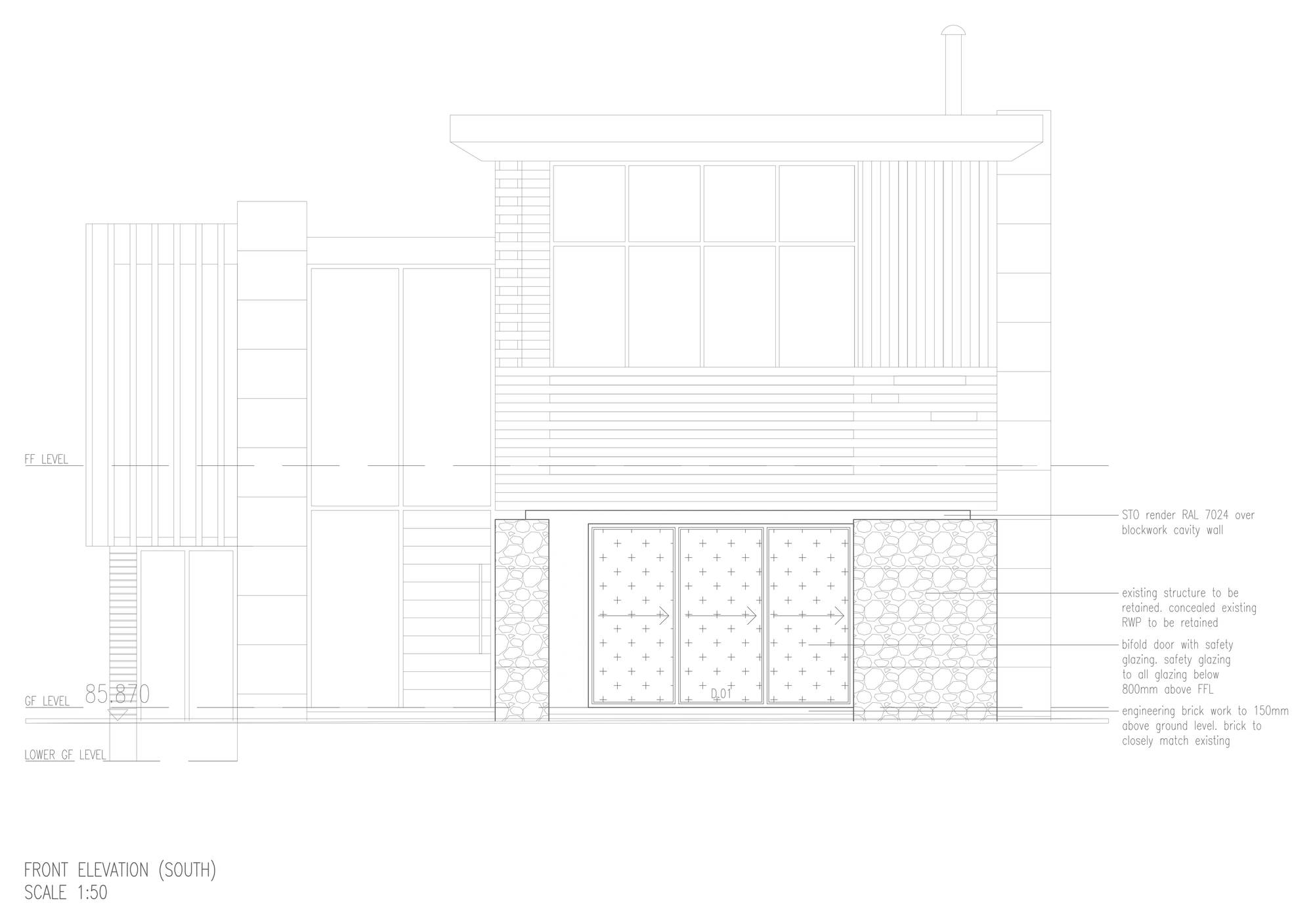 Front elevation of the house at Weedon: the cantilevered first floor in horizontal timber cladding above, and beneath it the new project room infilling the former car port, with a three-panel bi-fold door in the centre flanked by the retained dry-stone piers, annotated for render over a blockwork cavity wall