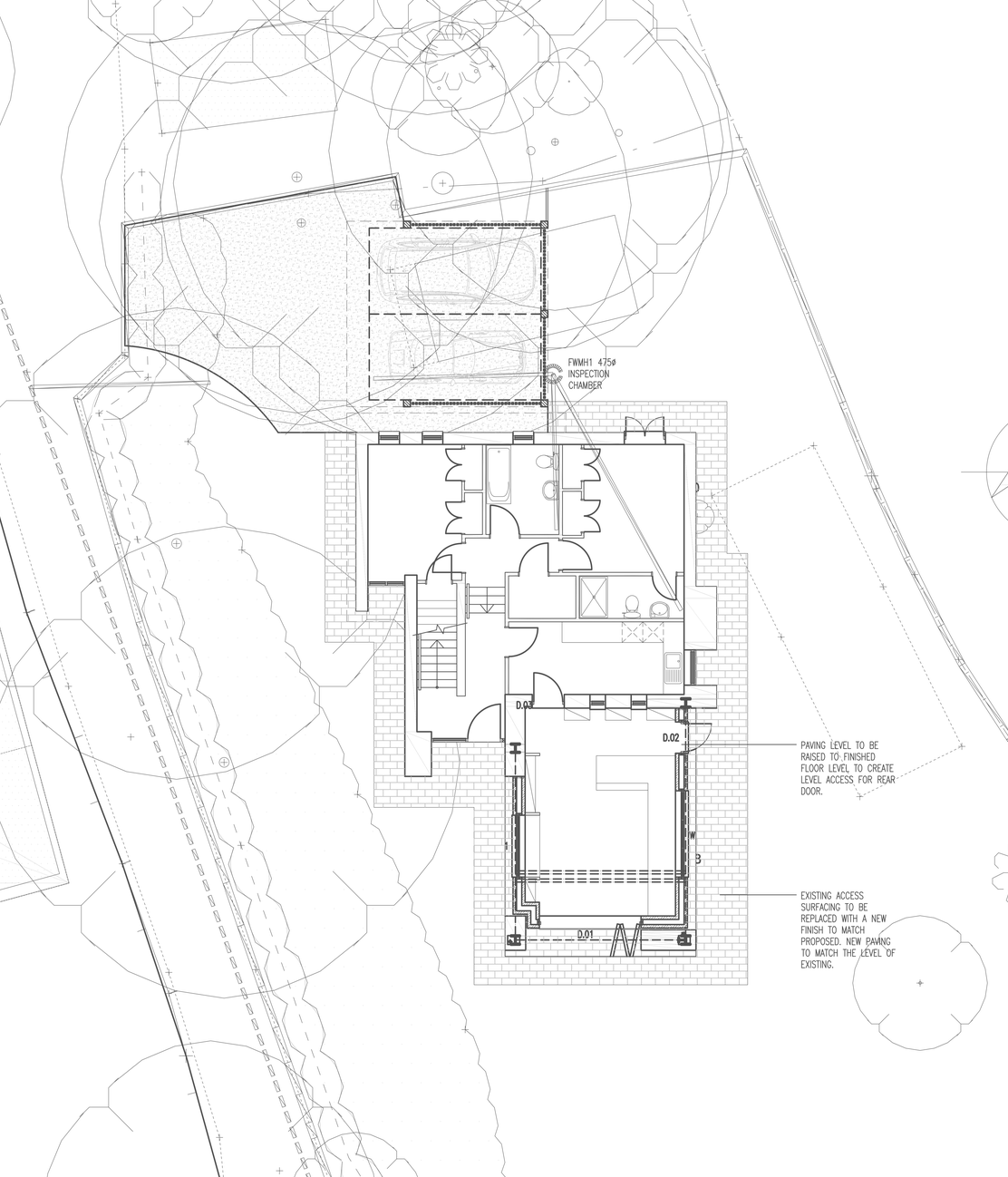 Site plan at Weedon: the existing house drawn in the centre with the new project room at its lower end, the new detached two-bay car port set to the front of the dwelling with two cars shown, and the mature trees of the wooded plot drawn as fine canopies around them