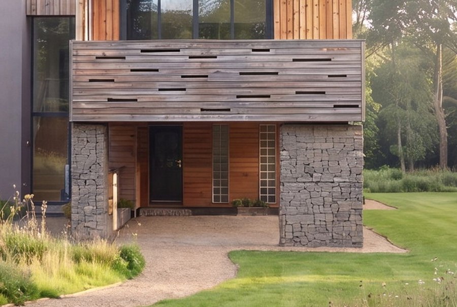 The recess beneath the cantilevered first floor at Weedon, between two dry-stone piers, under a band of slatted timber cladding. Computer-enhanced image.
