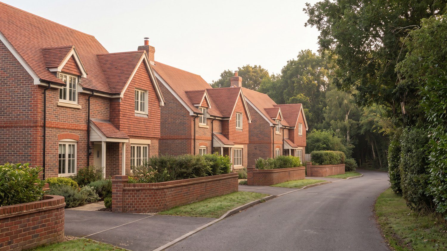 Computer-enhanced image of the consented scheme at the Royal Anchor, Liphook: detached red brick houses with hung clay tile, gabled dormers and painted timber windows, standing behind low brick boundary walls along a private lane