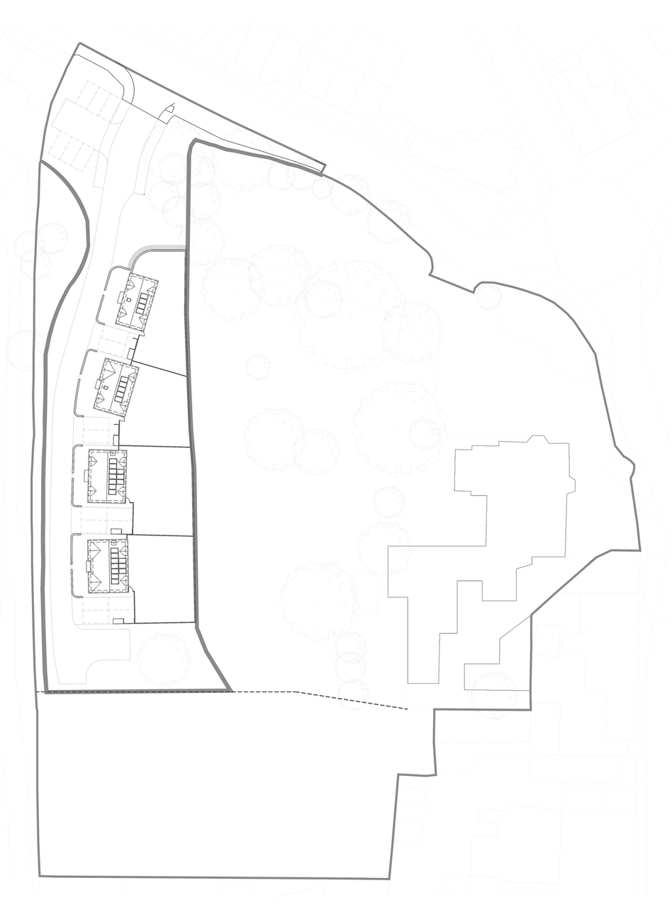 Consented site plan at the Royal Anchor, Liphook: four detached house footprints ranged along the western boundary with parking and gardens, a new access off Longmoor Road to the north, a broad belt of retained trees across the centre of the site, and the outline of the listed Royal Anchor public house to the east