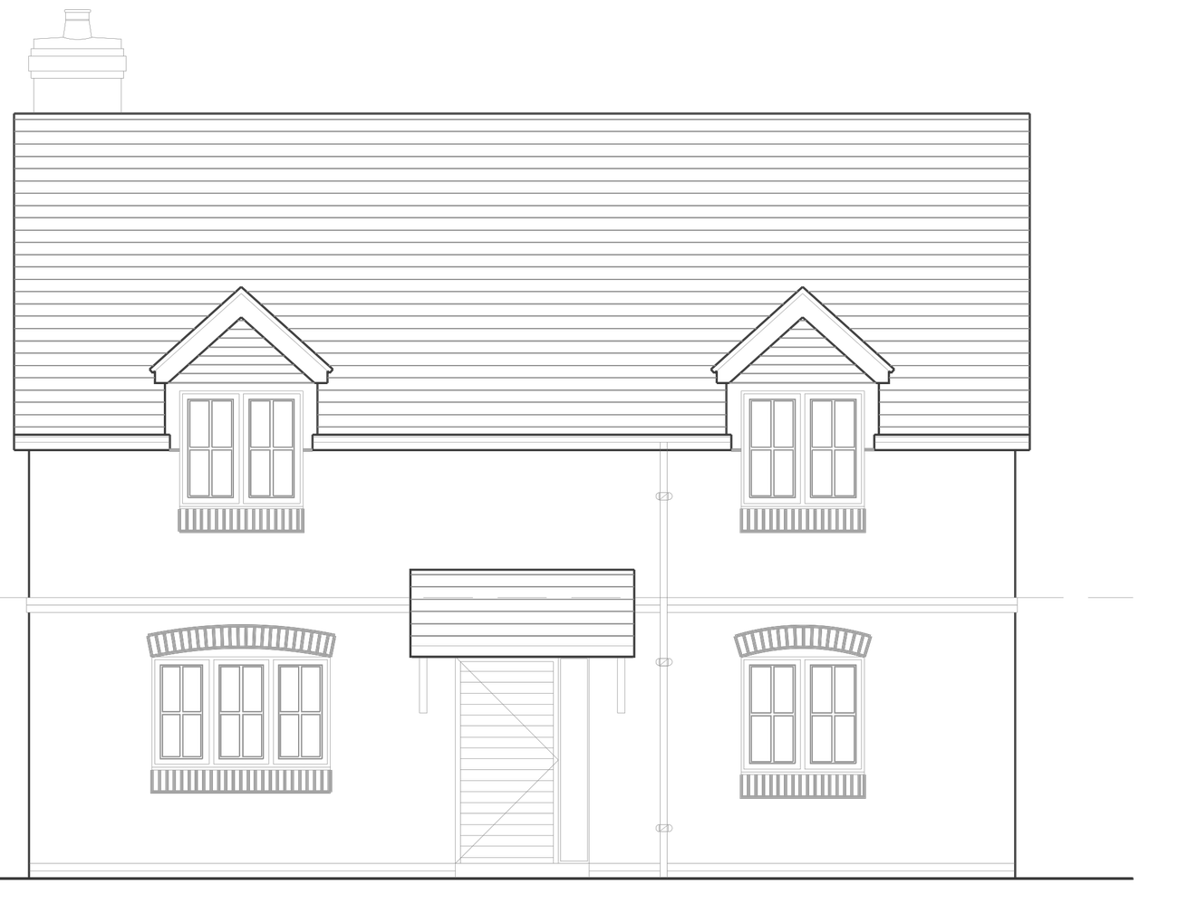 Front elevation drawing of House Type A at the Royal Anchor, Liphook: a two storey house under a long pitched tiled roof with a brick chimney, two gabled dormers breaking the eaves line, segmental brick arches over the ground floor windows, and a tiled canopy over the central front door