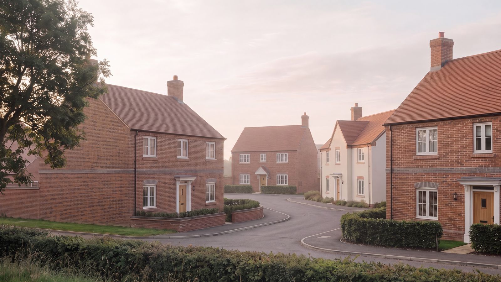 Indicative visualisation of the consented scheme at The Laurels, Little Kimble: two-storey houses in red brick and painted render with clay tile roofs, set around a curving street, seen in early morning light