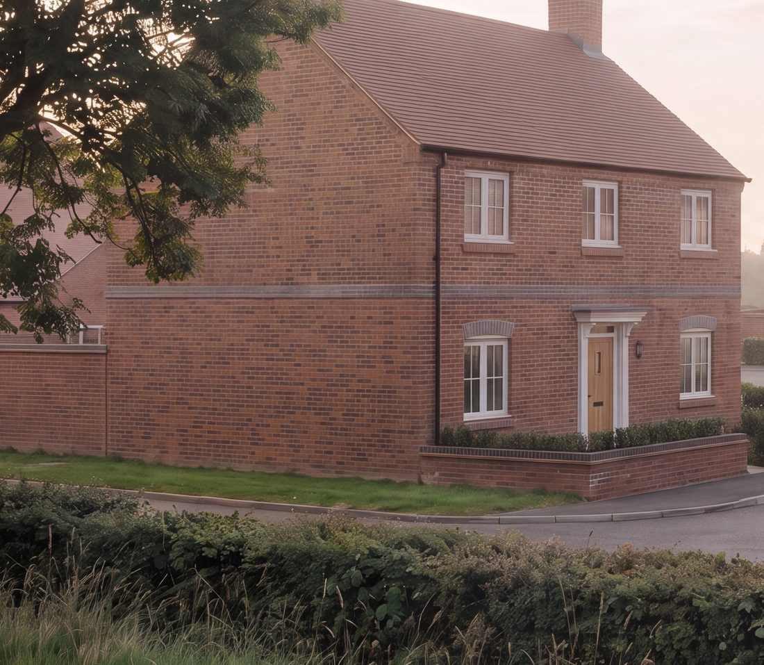 Indicative visualisation of the Marsh Road frontage at The Laurels, Little Kimble: a two-storey red brick house set back behind a low wall and a retained hedgerow. Computer-generated image.
